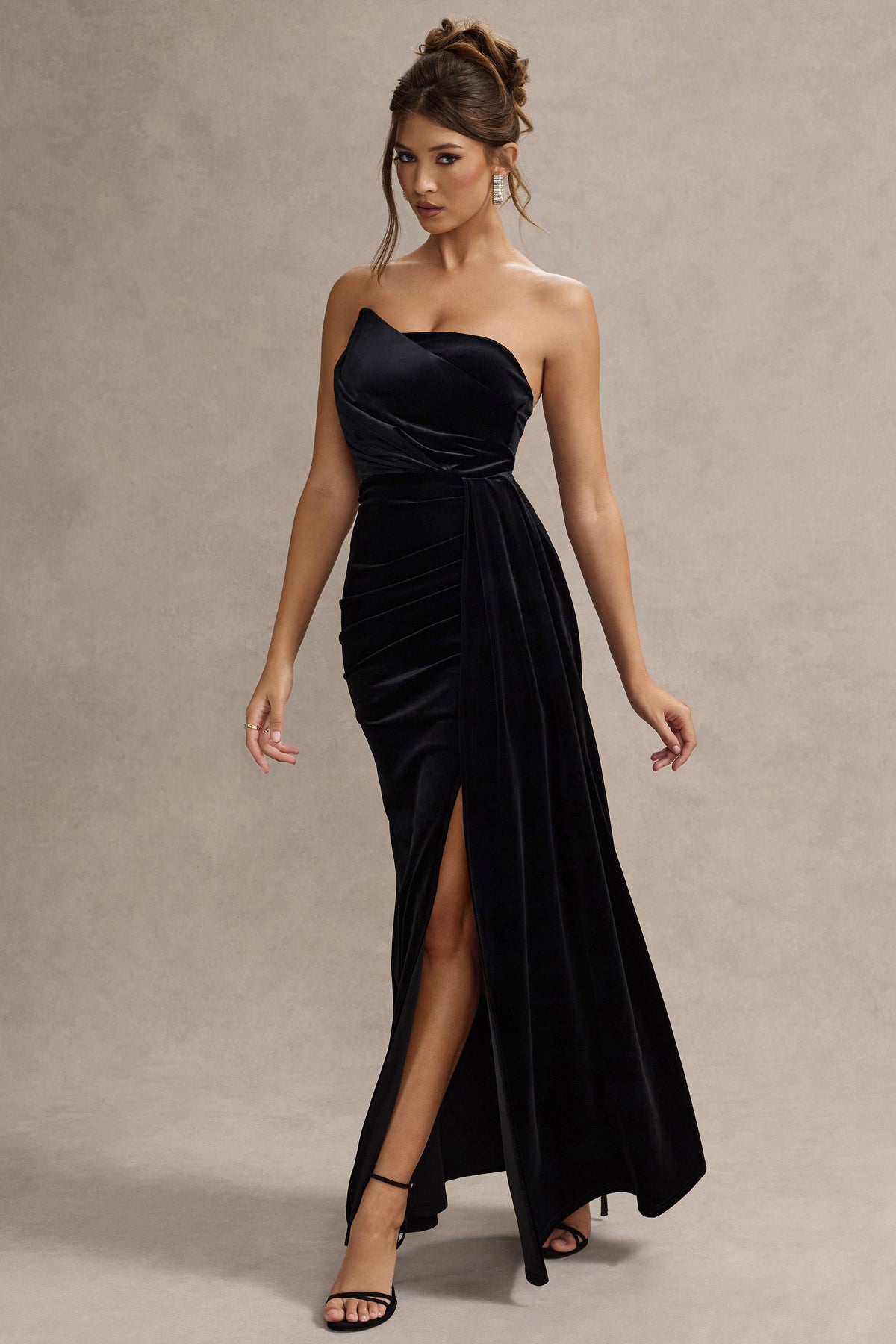 Zafira | Black Velvet Strapless Draped Maxi Dress