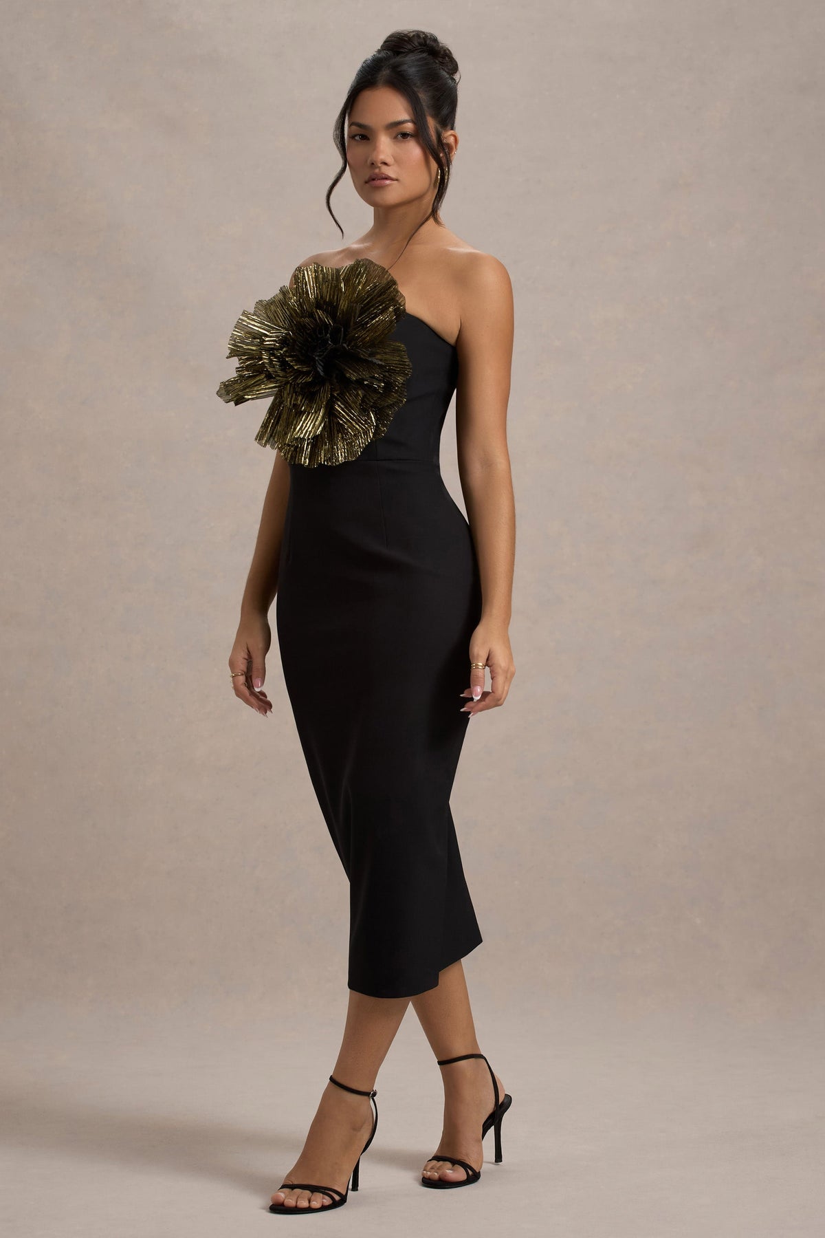 Moya Black & Gold Bodycon Midi Dress With Corsage Detail – Club L London