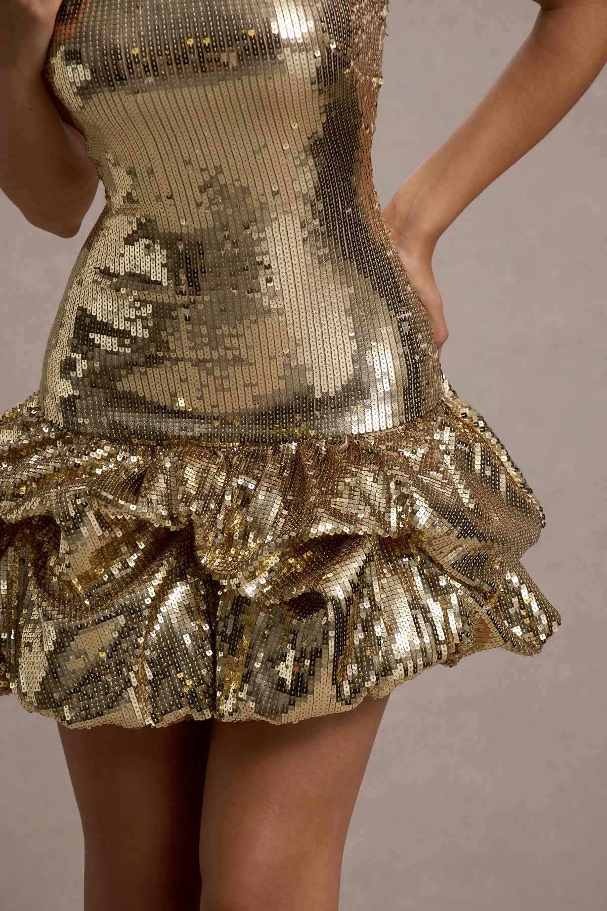 Mirabelle | Gold Sequin Bandeau Mini Dress With Puff Hem