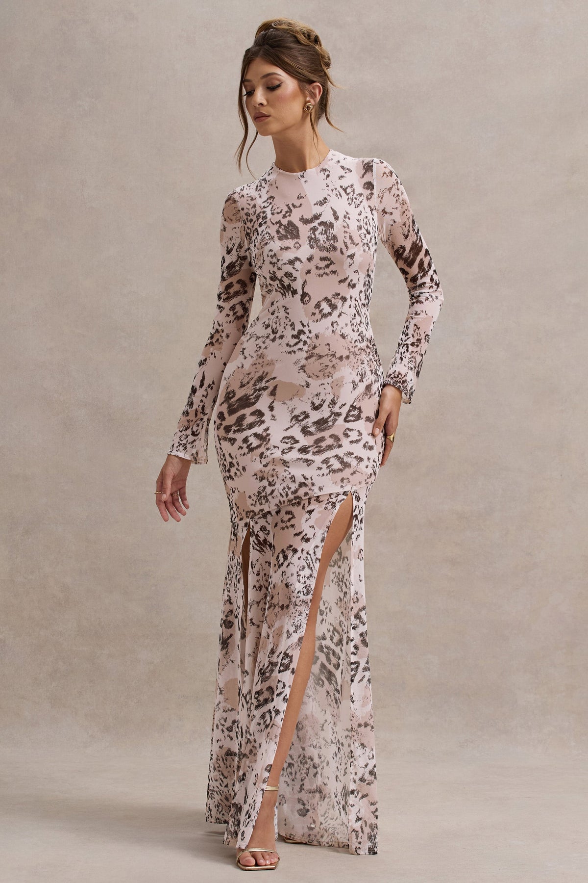 Tigerlily | Leopard Print Mesh Long-Sleeve Open-Back Maxi Dress