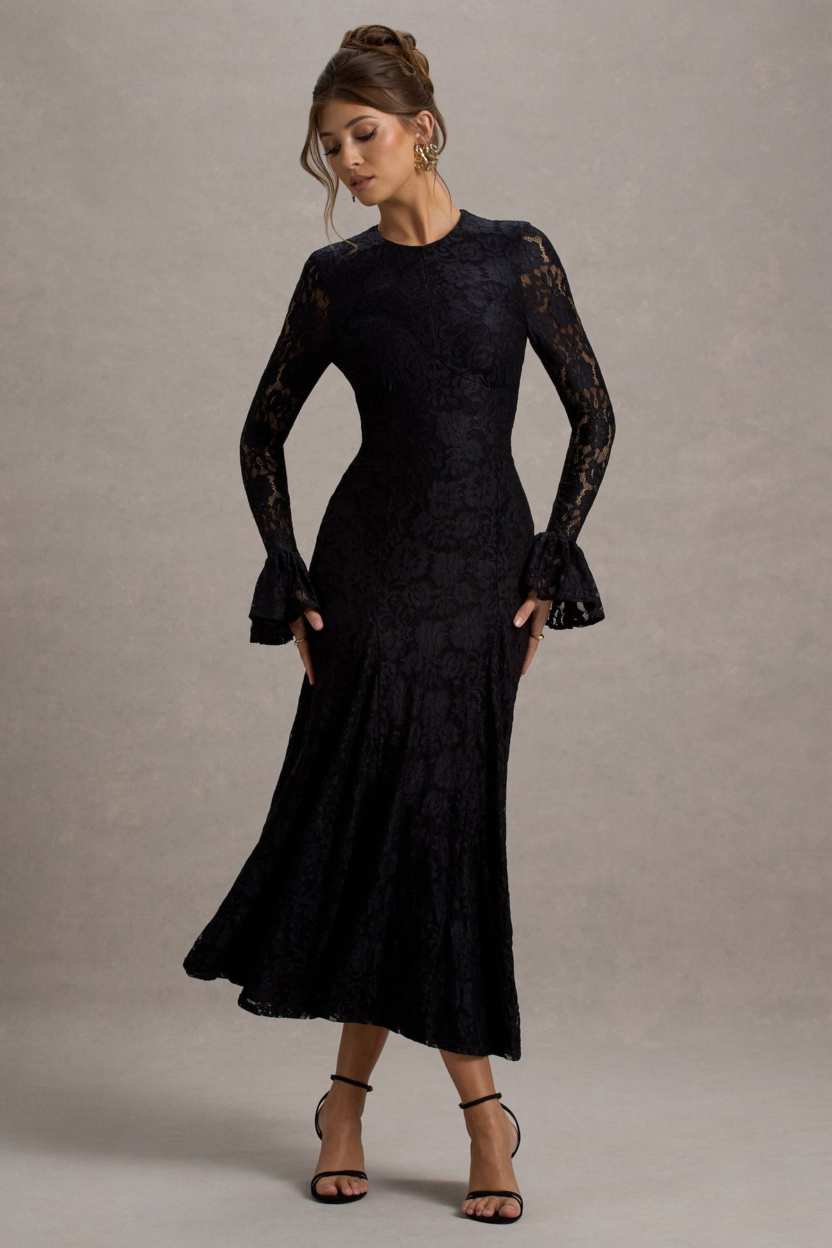 For Life | Black Lace Long-Sleeve Midi Dress