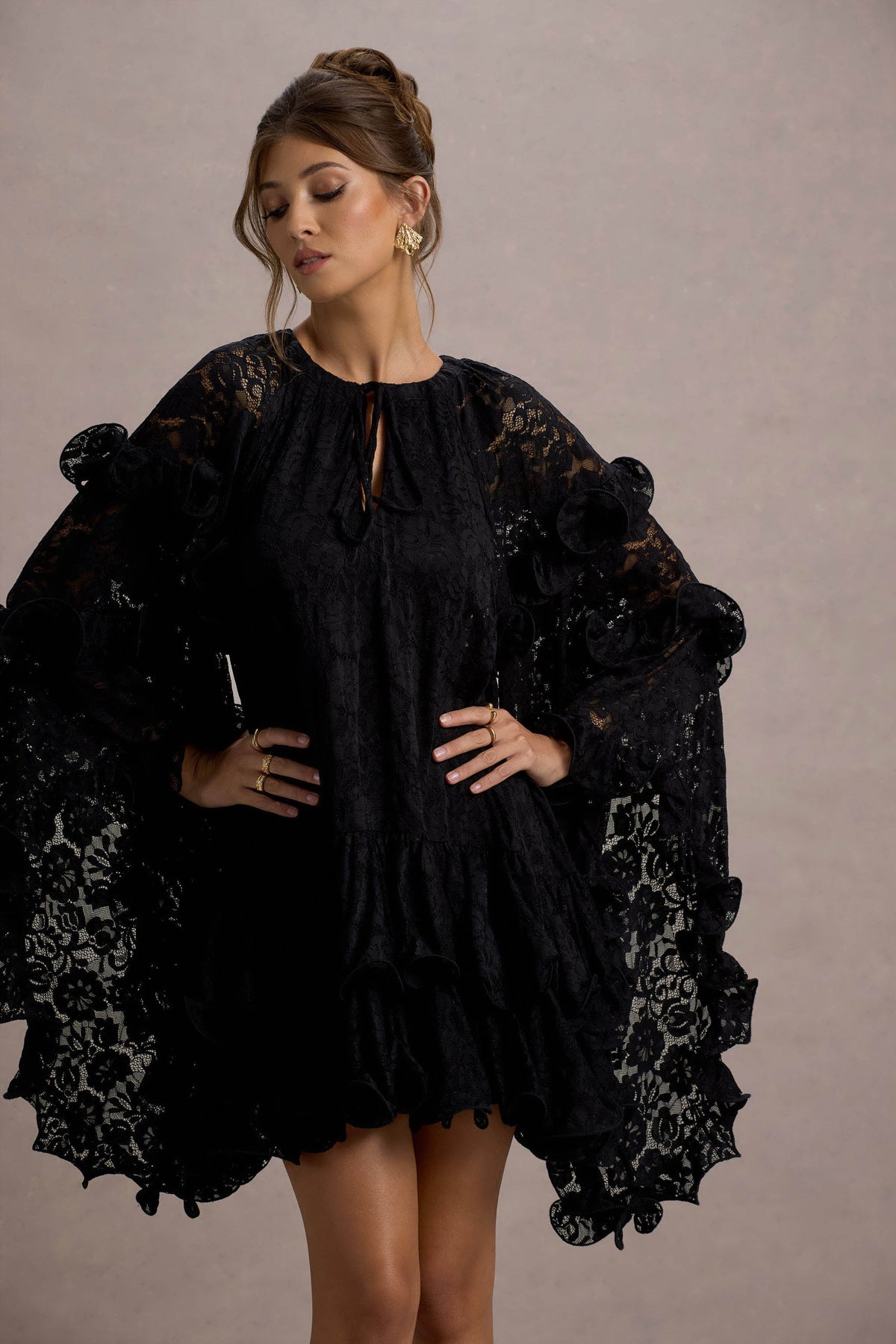 Arlington Black Lace Cape-Sleeve Mini Dress Club L London - SA Arlington Black Lace Cape-Sleeve Mini Dress Club L London - SA