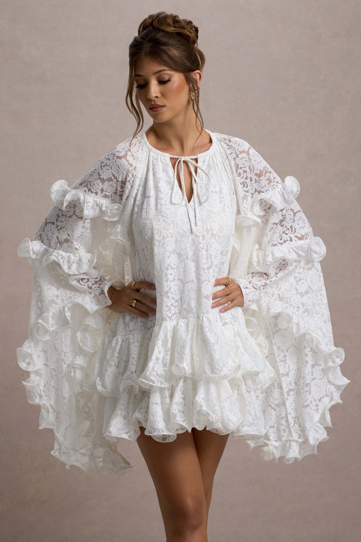 Arlington | White Lace Cape-Sleeve Mini Dress