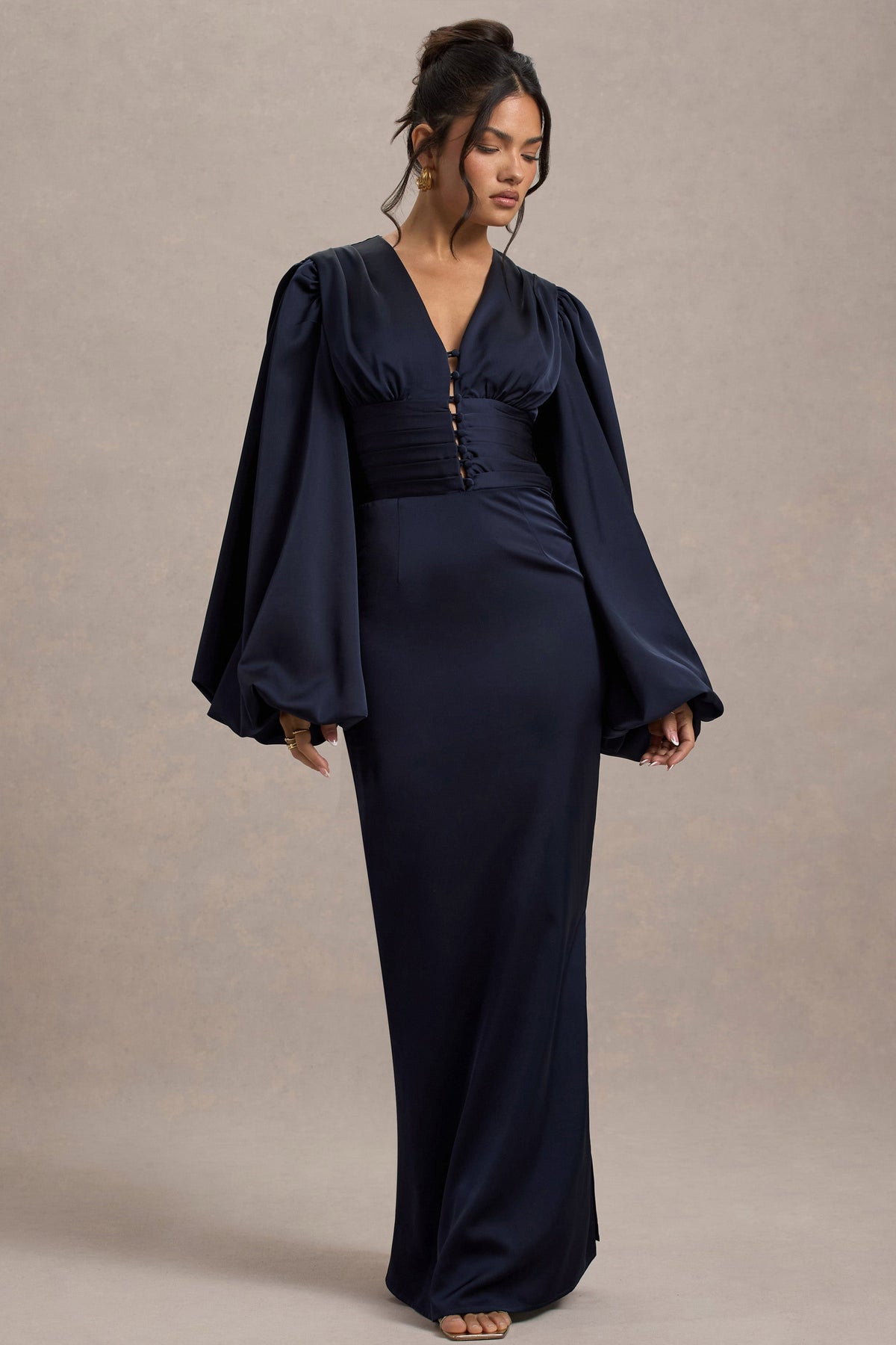 Helsinki | Navy Satin V-Neck Balloon Sleeve Maxi Dress