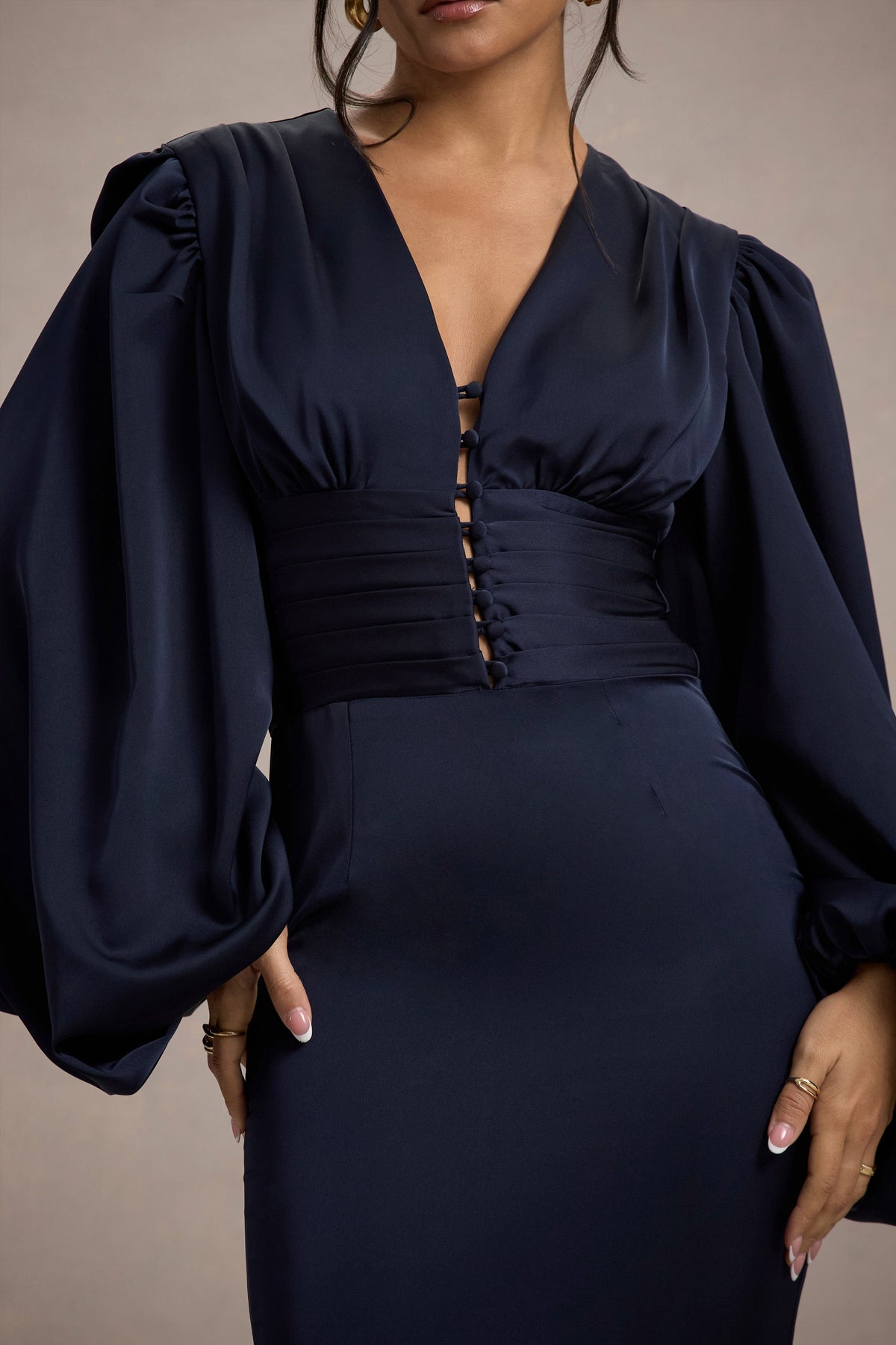 Helsinki | Navy Satin V-Neck Balloon Sleeve Maxi Dress