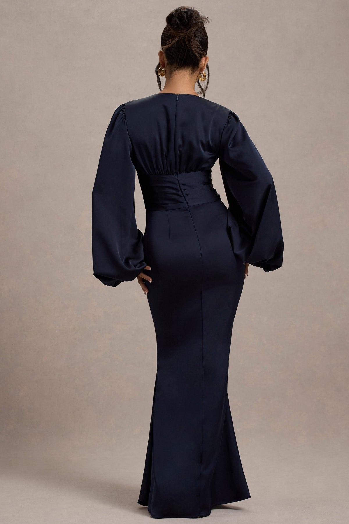 Helsinki | Navy Satin V-Neck Balloon Sleeve Maxi Dress