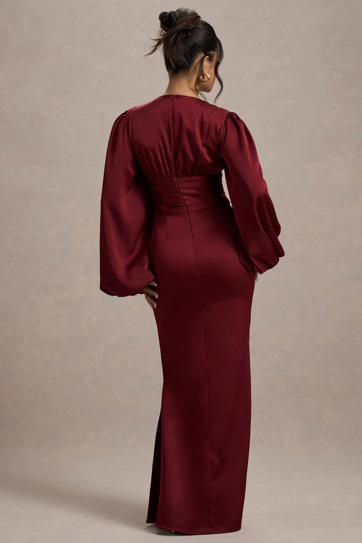 Helsinki | Berry Satin V-Neck Balloon Sleeve Maxi Dress