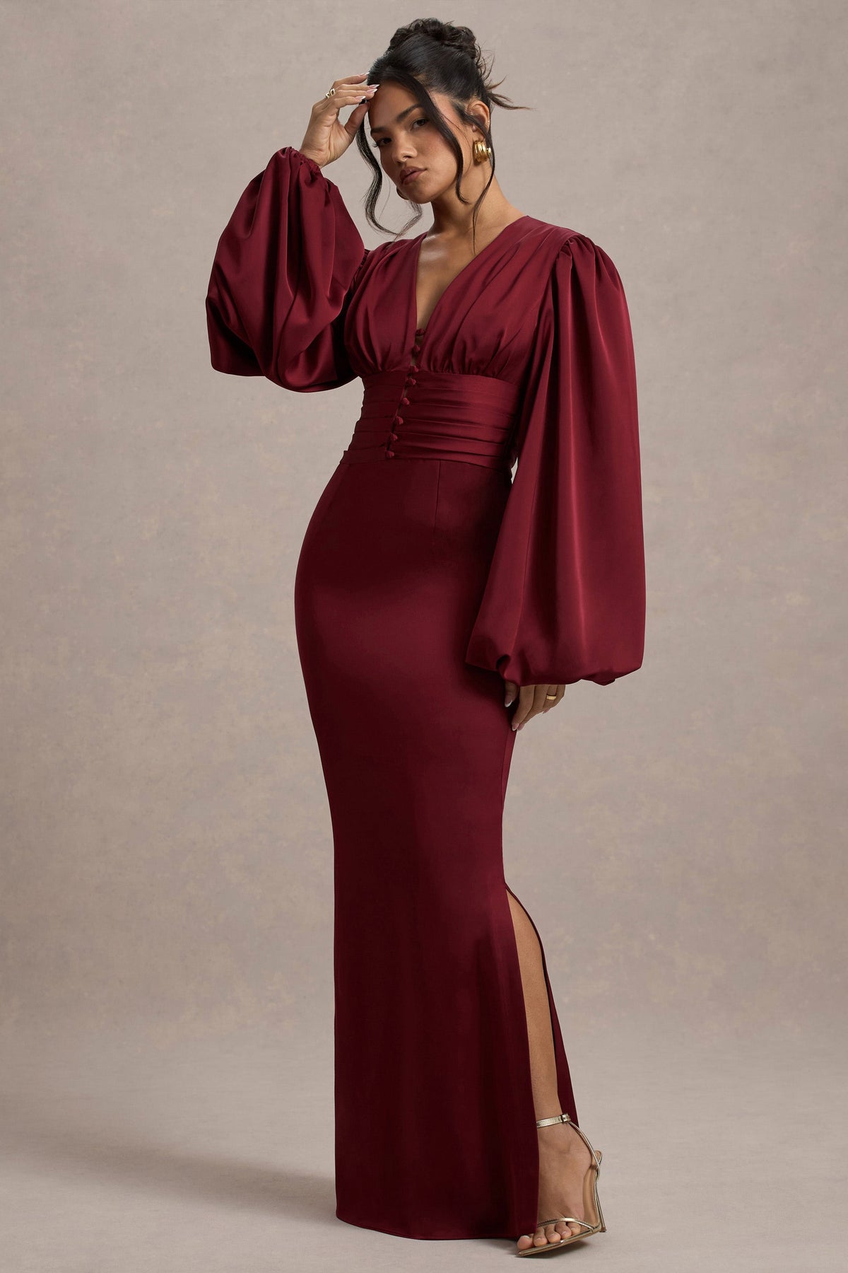 Helsinki | Berry Satin V-Neck Balloon Sleeve Maxi Dress