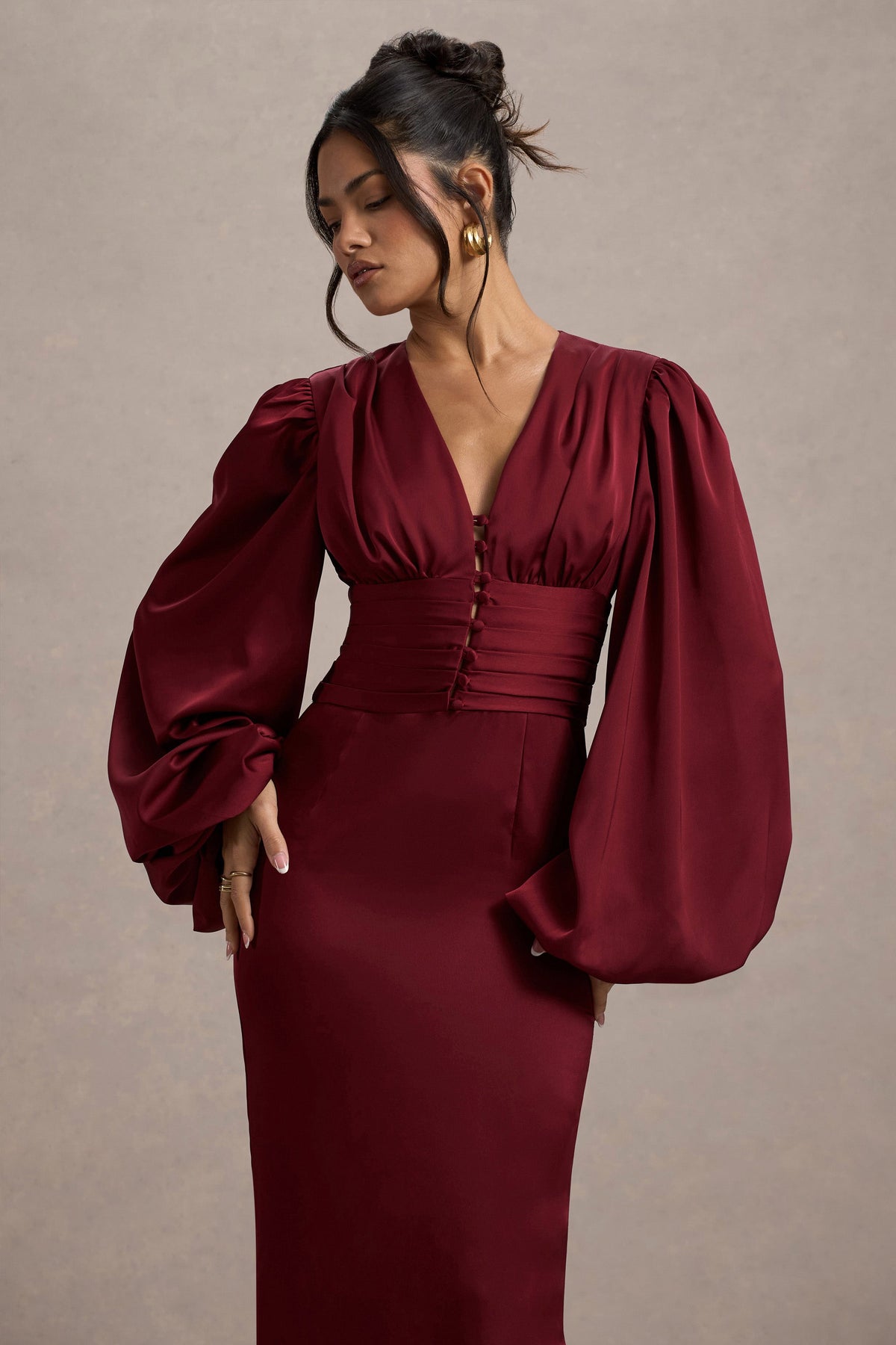 Helsinki | Berry Satin V-Neck Balloon Sleeve Maxi Dress