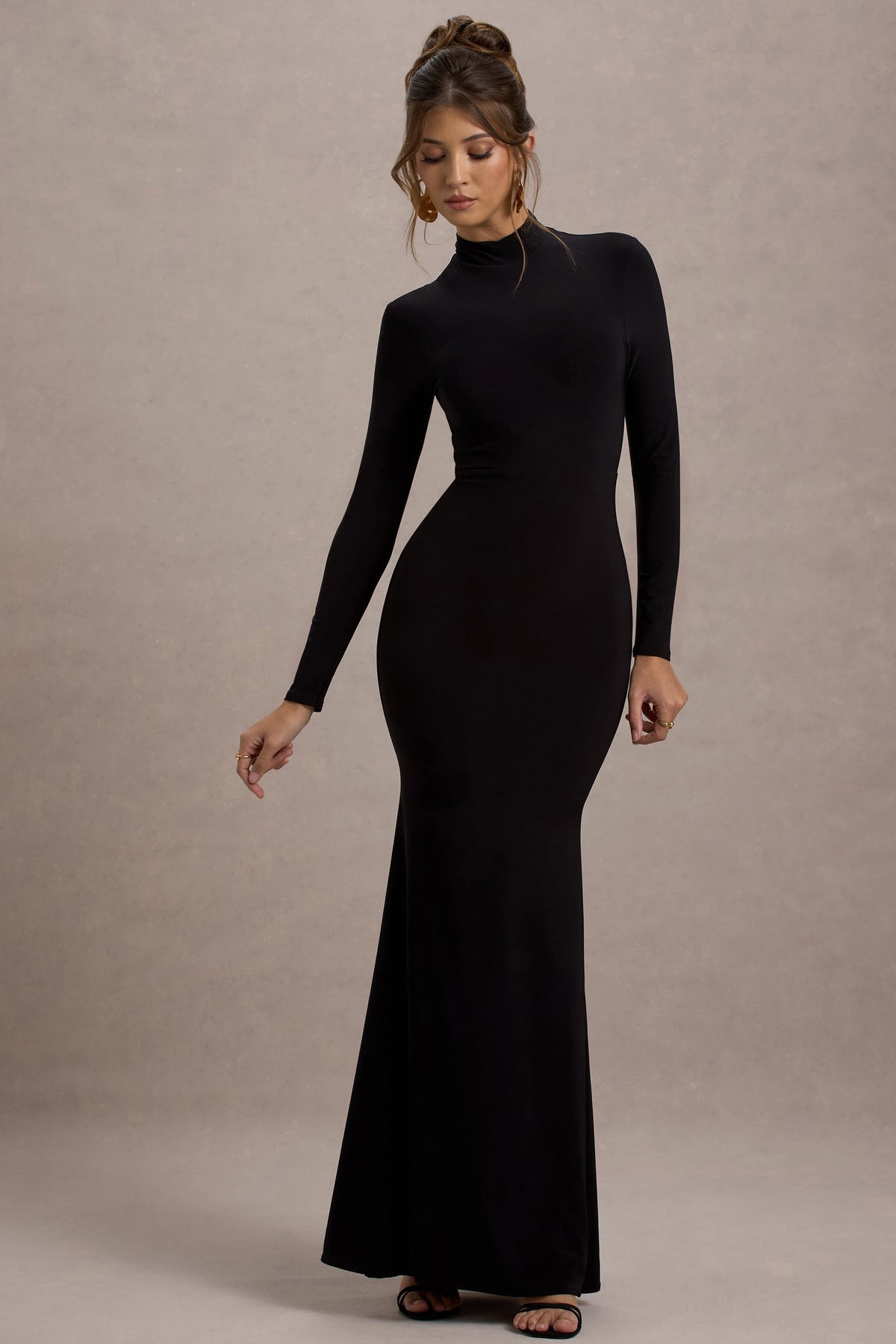 Tova Black High-Neck Long-Sleeve Maxi Dress Club L London - SA Tova Black High-Neck Long-Sleeve Maxi Dress Club L London - SA