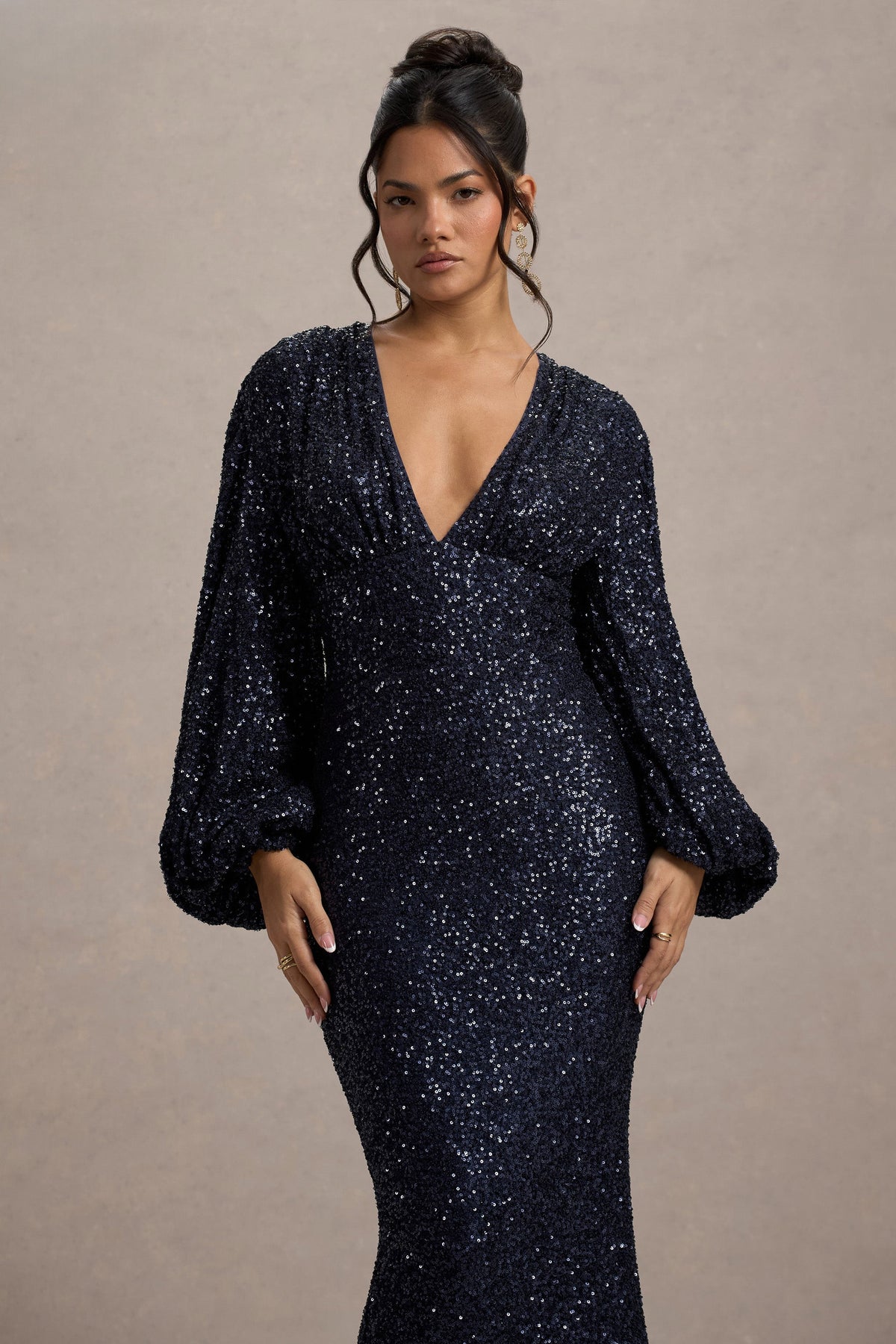 Kaelin | Navy Sequin Plunge-Neck Maxi Dress