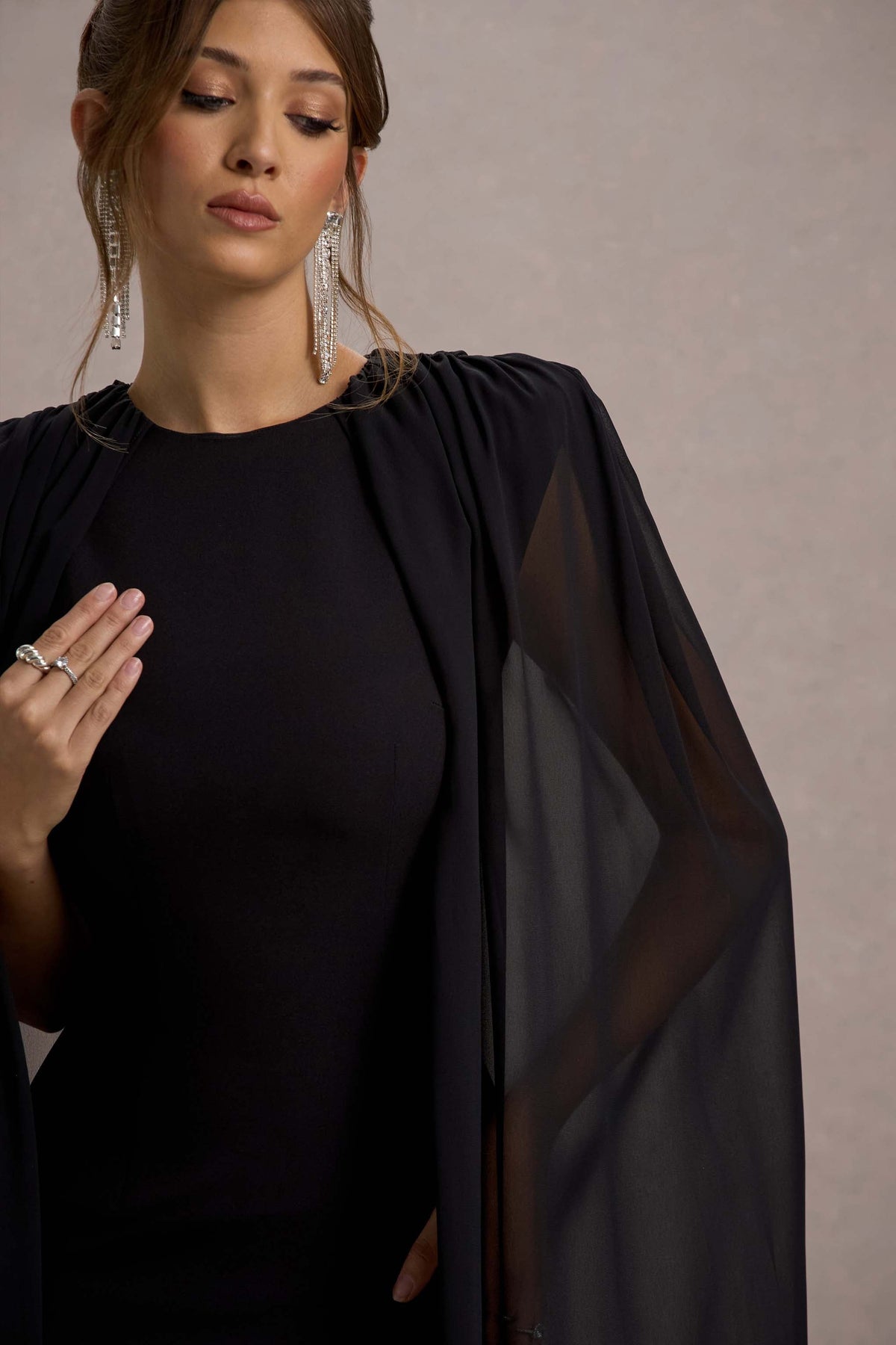 Elysium | Black Bodycon Mini Dress With Chiffon Cape