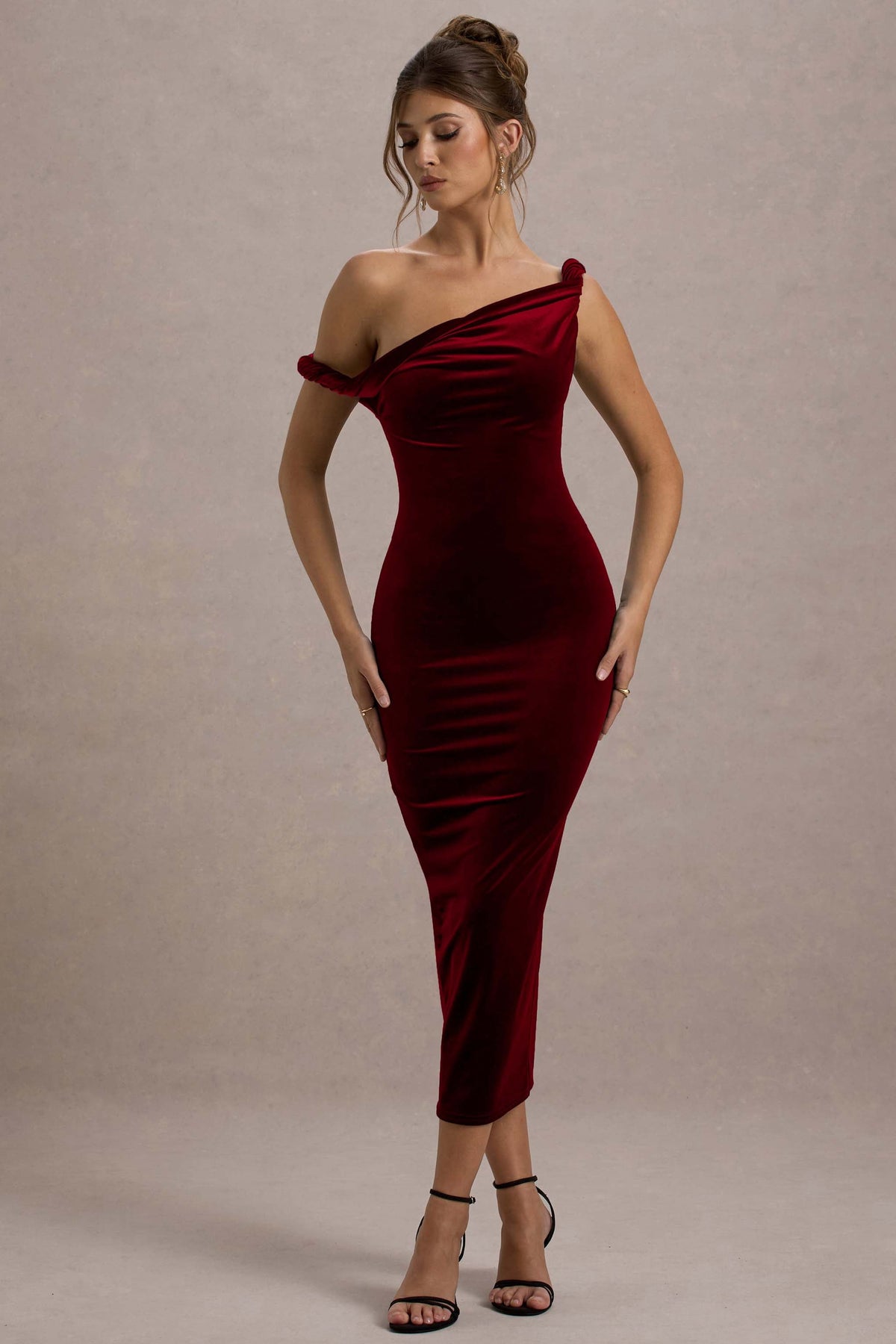 Carella | Berry Velvet Twisted Asymmetric Midi Dress