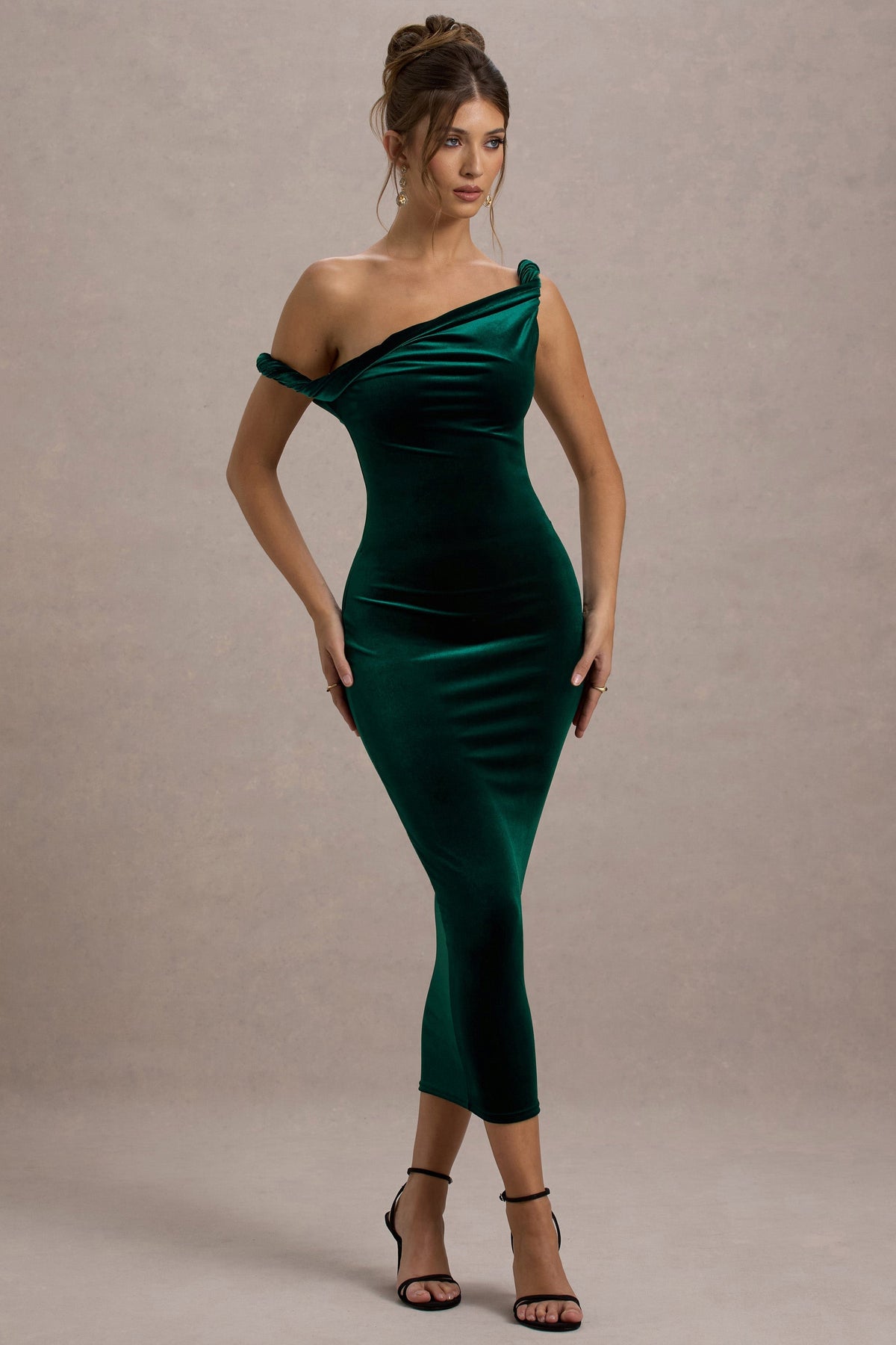Carella Bottle Green Velvet Twisted Asymmetric Midi Dress Club L London - SA Carella Bottle Green Velvet Twisted Asymmetric Midi Dress Club L London - SA