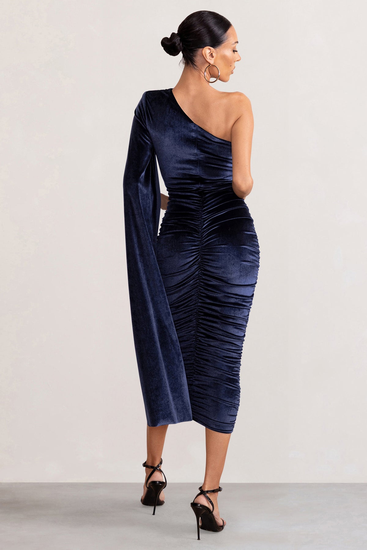 Gianna | Navy Velvet One Shoulder Cape Bodycon Midi Dress