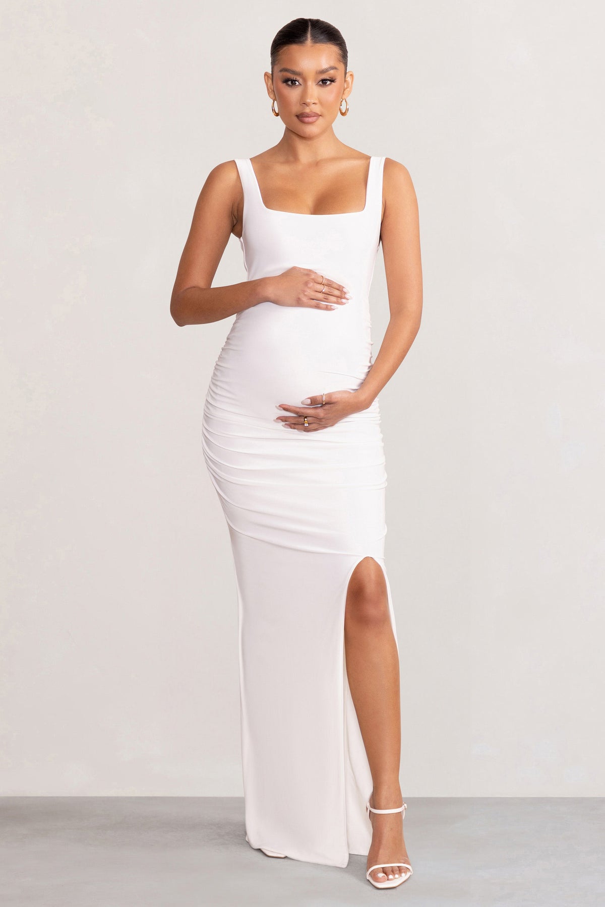 white maternity maxi dress Avril White Square Neck Maternity Maxi Dress with Split – Club L London