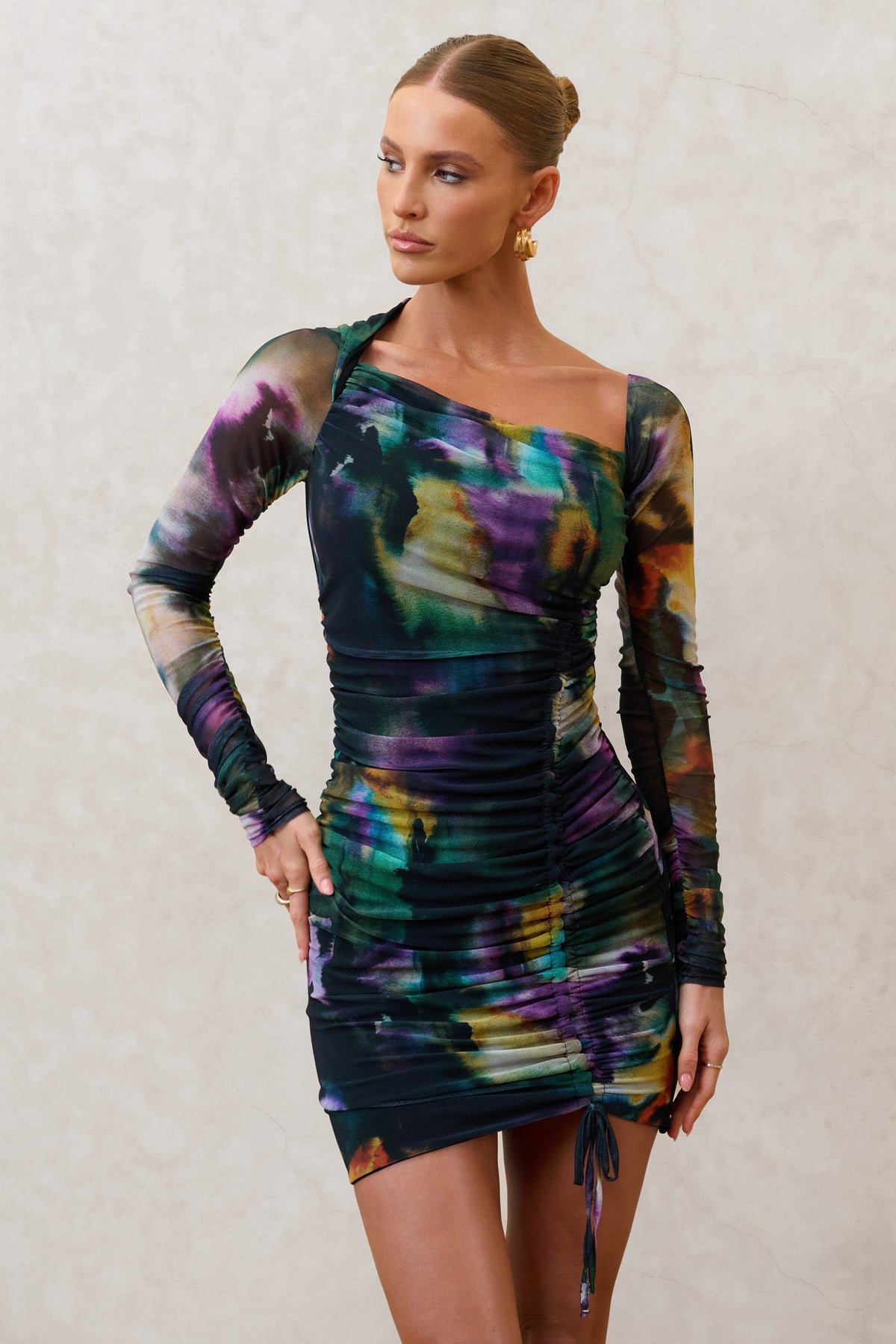 Aphrodite | Watercolour Print Asymmetric Ruched Side Mini Dress