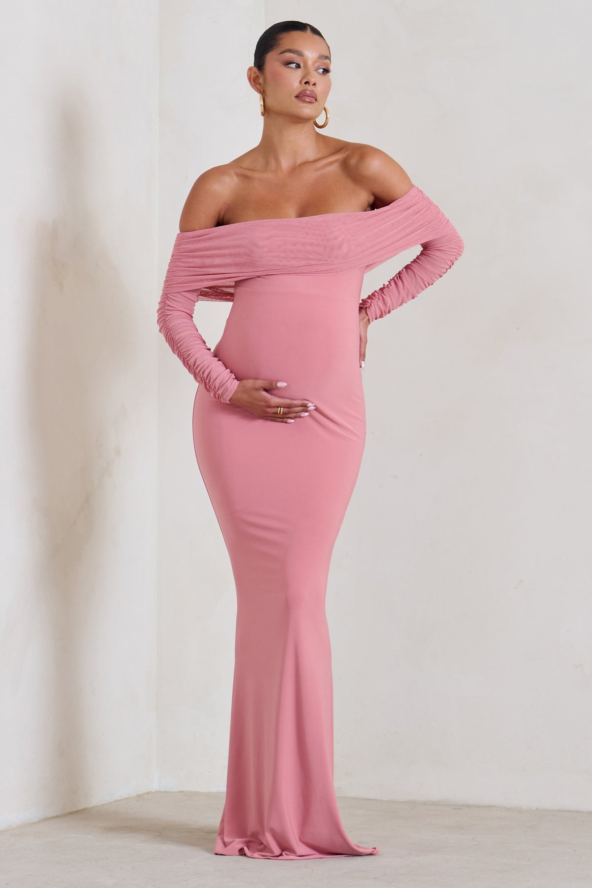 Pretty Perfect Blush Pink Maternity Ruched Mesh Bardot Maxi Dress Club L London - SA Pretty Perfect Blush Pink Maternity Ruched Mesh Bardot Maxi Dress Club L London - SA