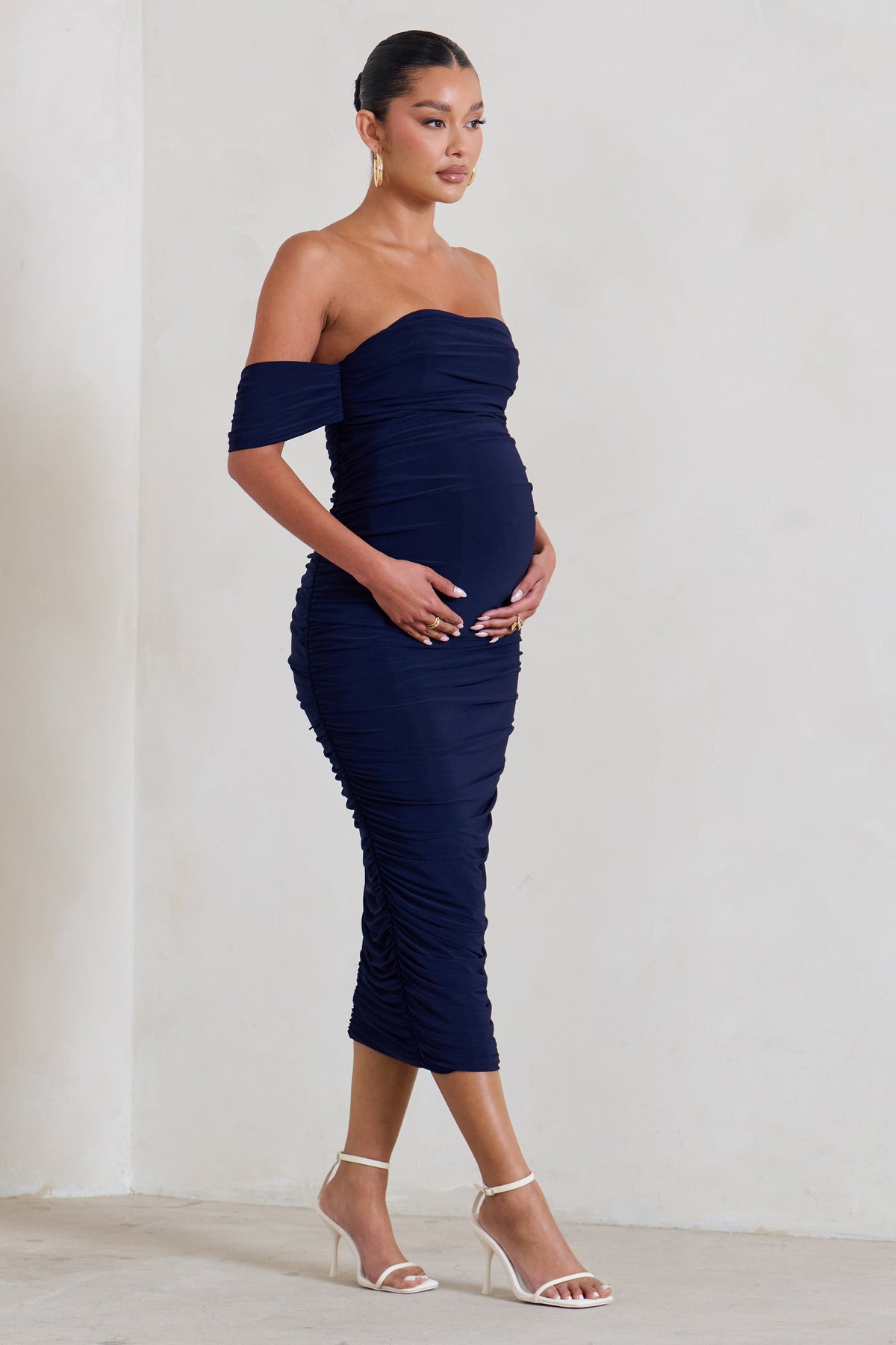 Plus One | Navy Maternity Ruched Bardot Midi Dress