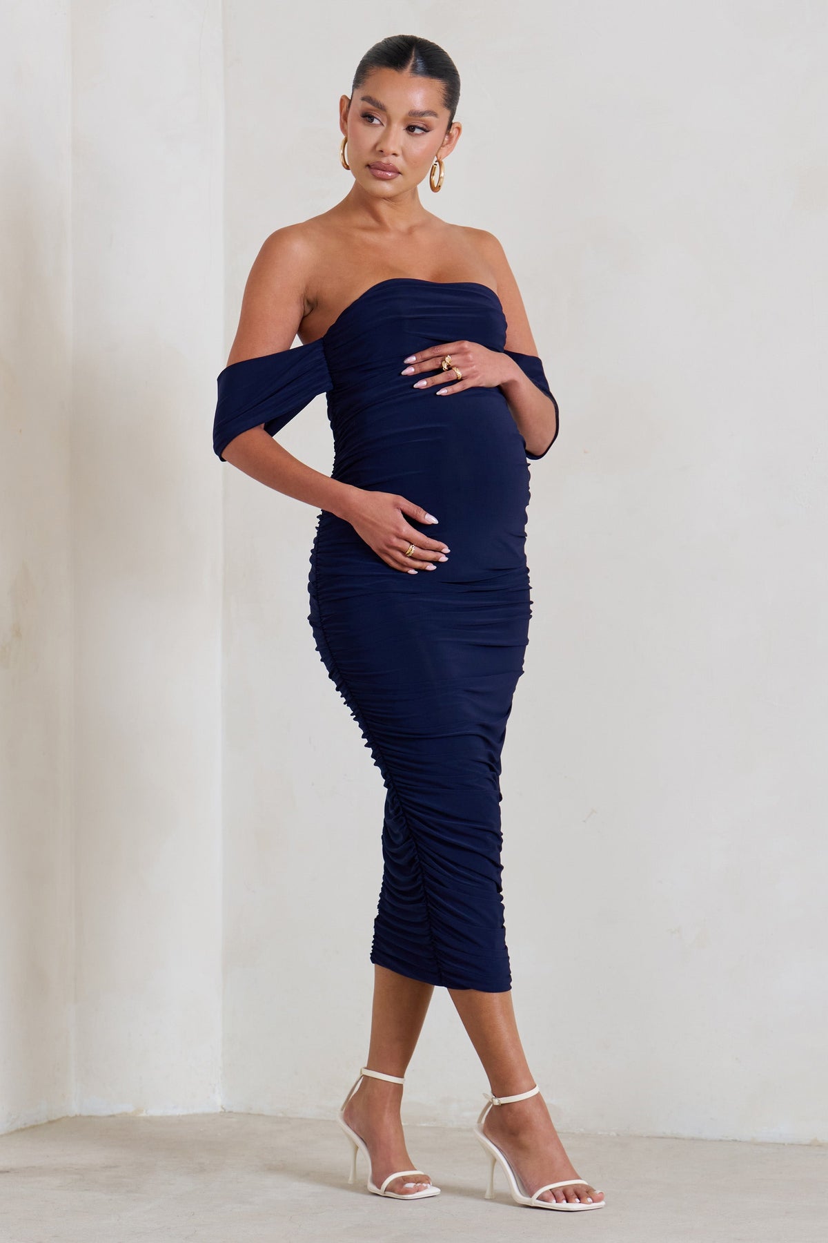 Plus One | Navy Maternity Ruched Bardot Midi Dress