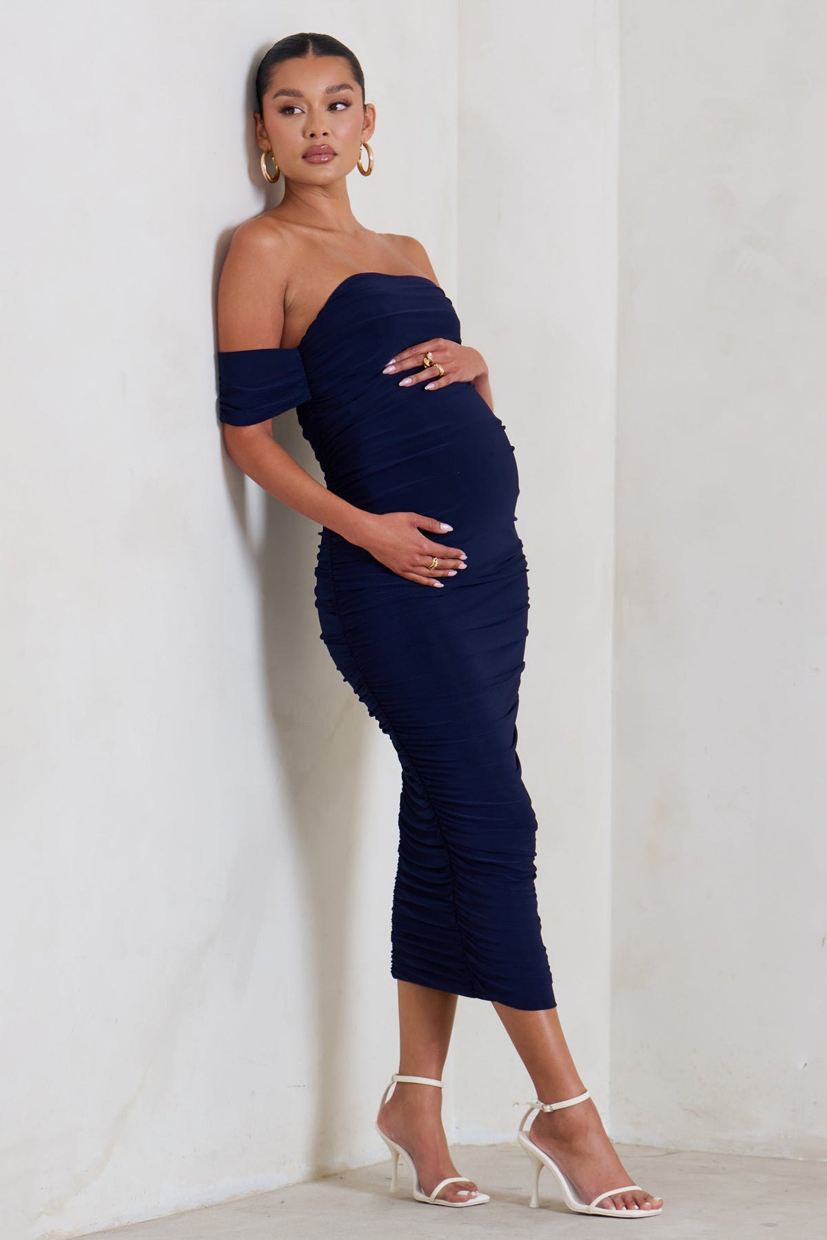 Plus One | Navy Maternity Ruched Bardot Midi Dress