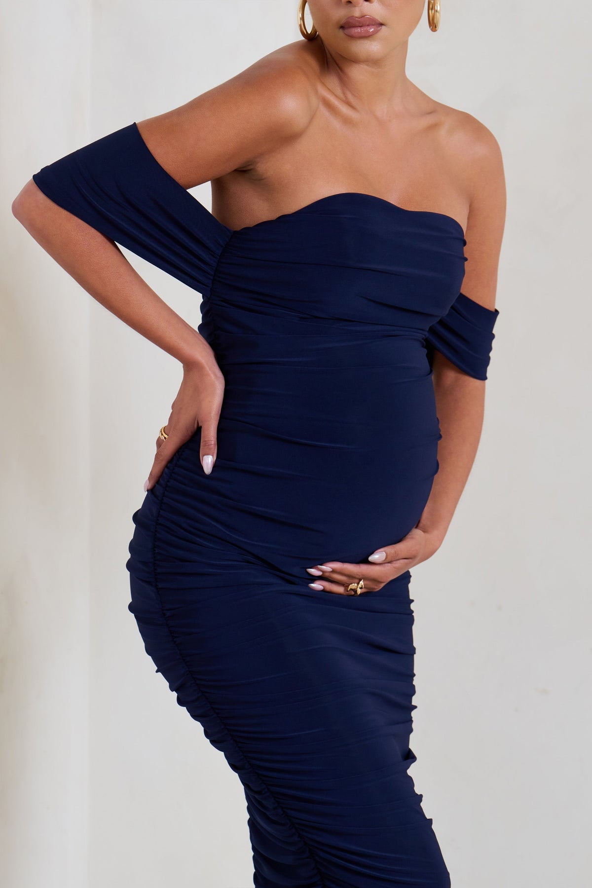 Plus One | Navy Maternity Ruched Bardot Midi Dress