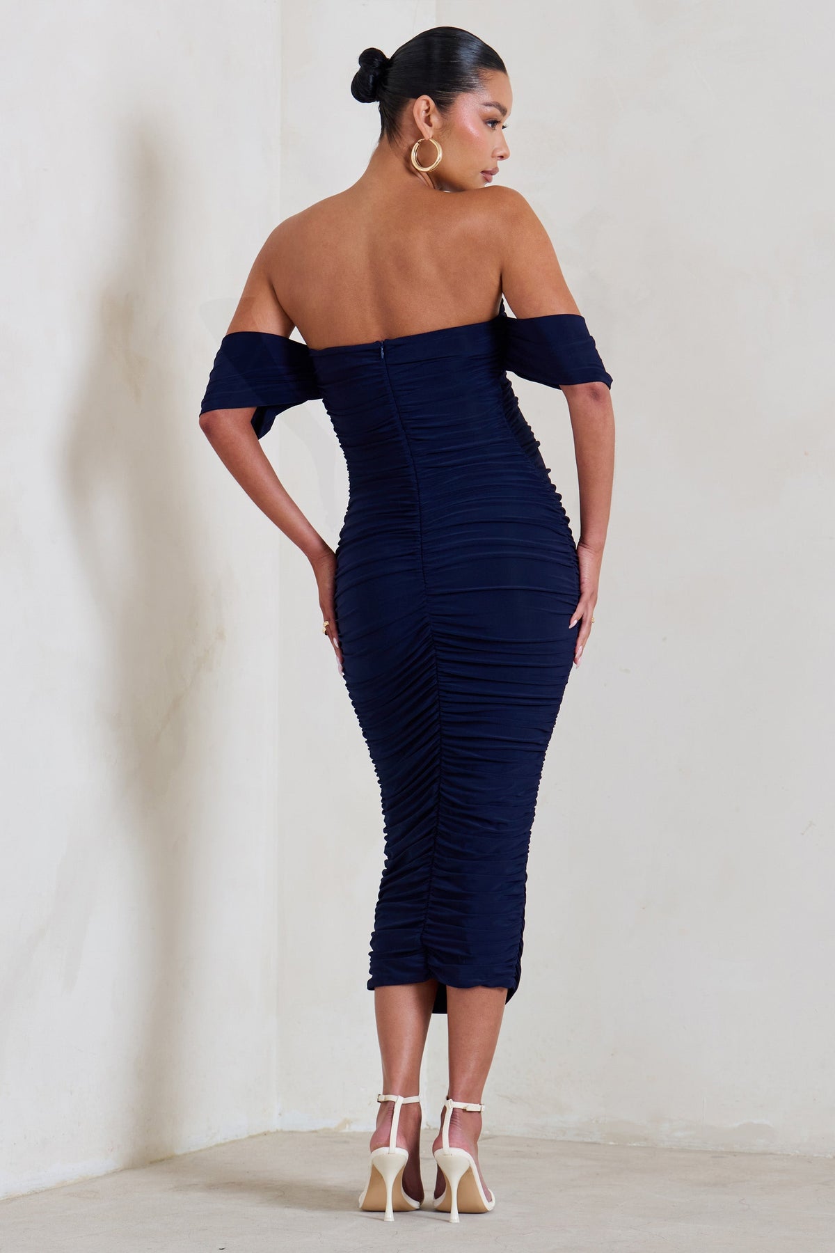 Plus One | Navy Maternity Ruched Bardot Midi Dress