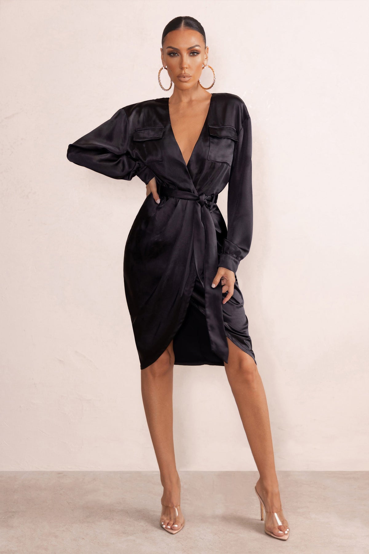 True Romance | Black Satin Plunge Neck Midi Dress With Belt Detail