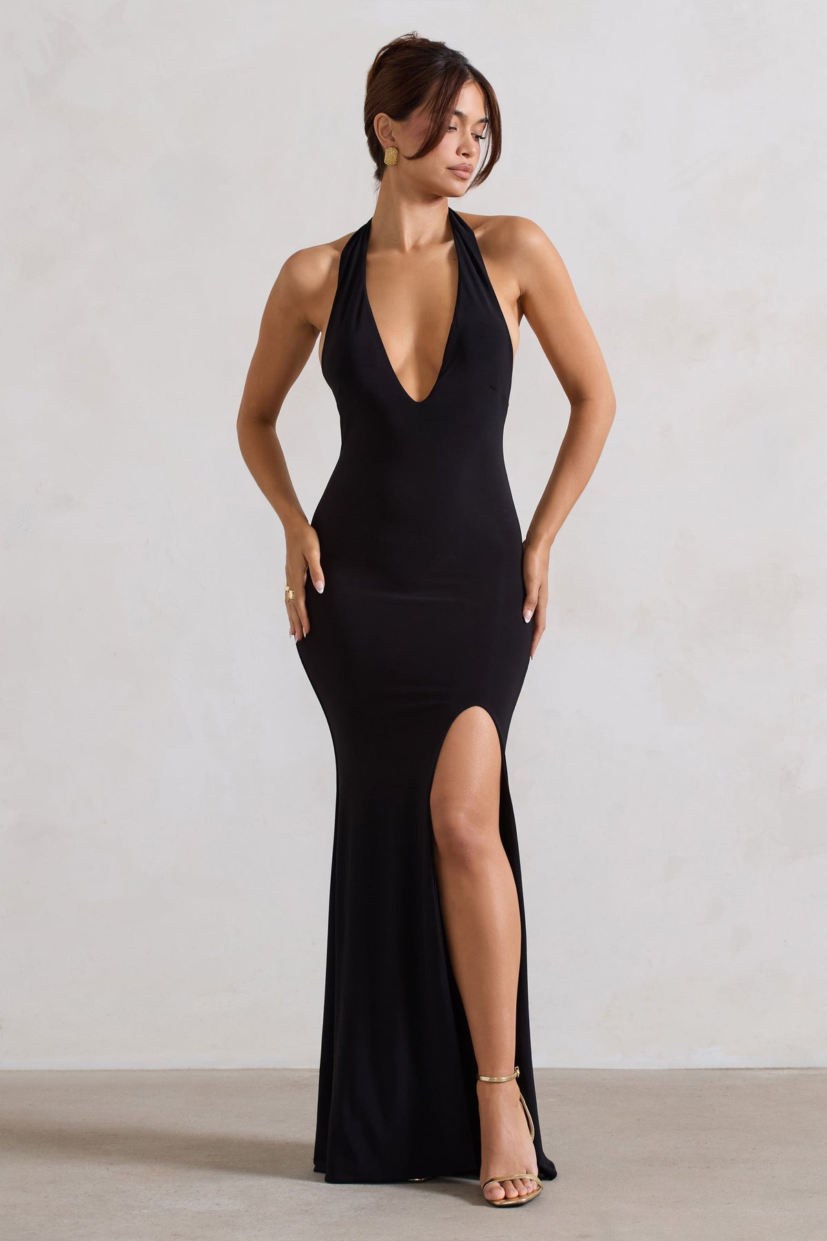 Glamour | Black Backless V Plunge Halter Neck Maxi Dress With Side Split