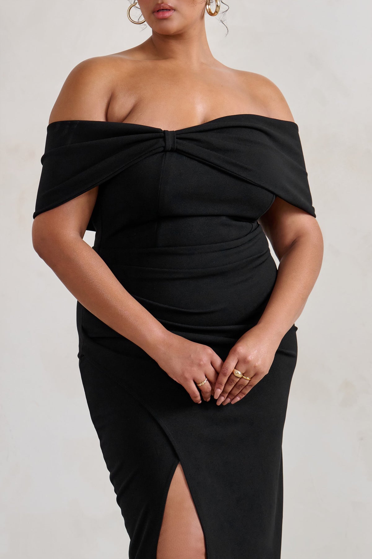 Eva | Black Bardot Bow Detail Maxi Dress With Thigh Split