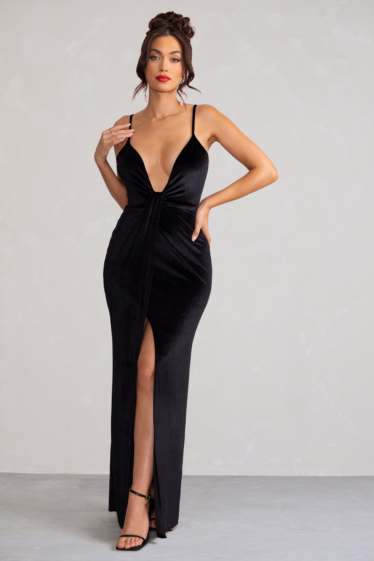 Miranda | Black Velvet Plunge Neck Twist Maxi Dress