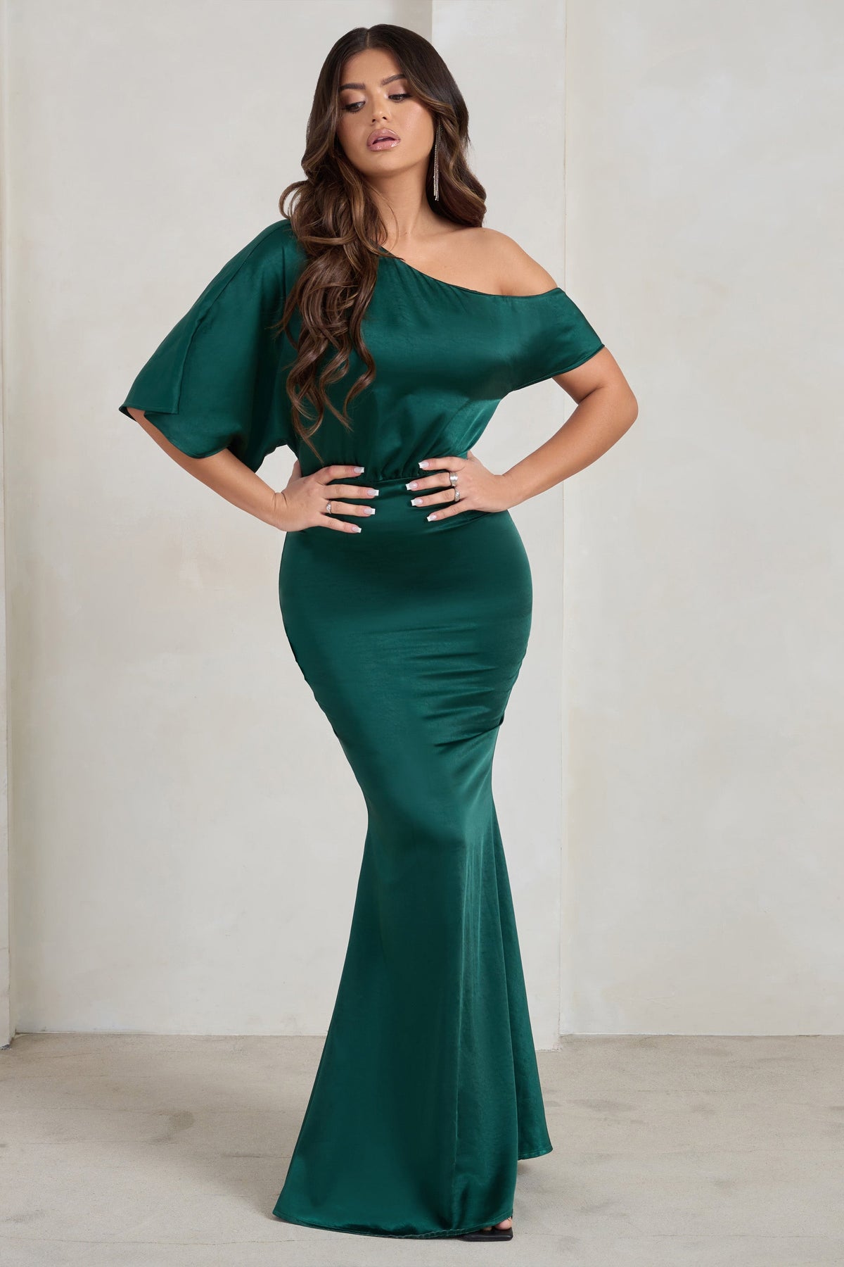 Sabrina | Bottle Green Asymmetric Off The Shoulder Satin Maxi Dress