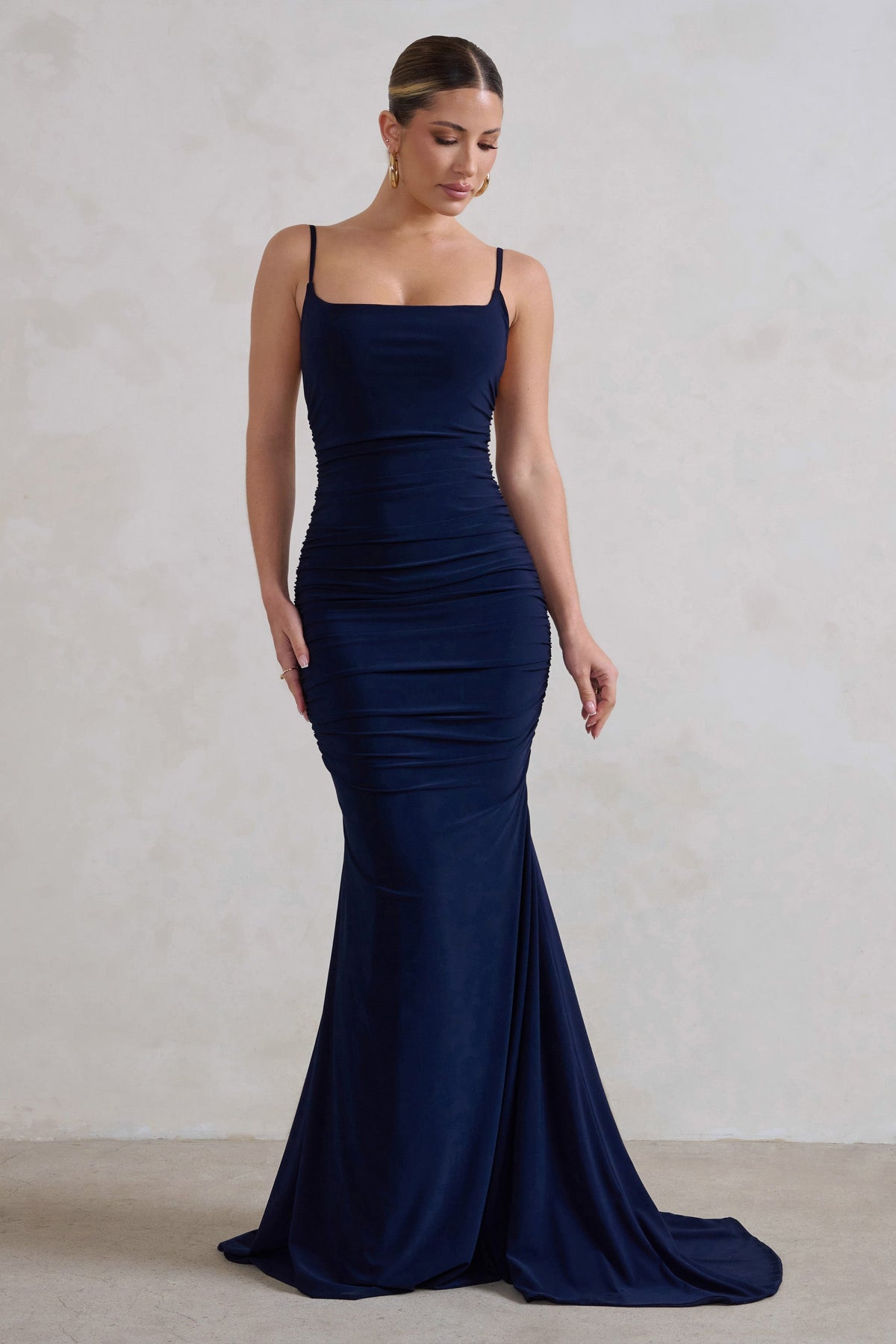 Adele | Navy Backless Ruched Fishtail Cami Maxi Dress