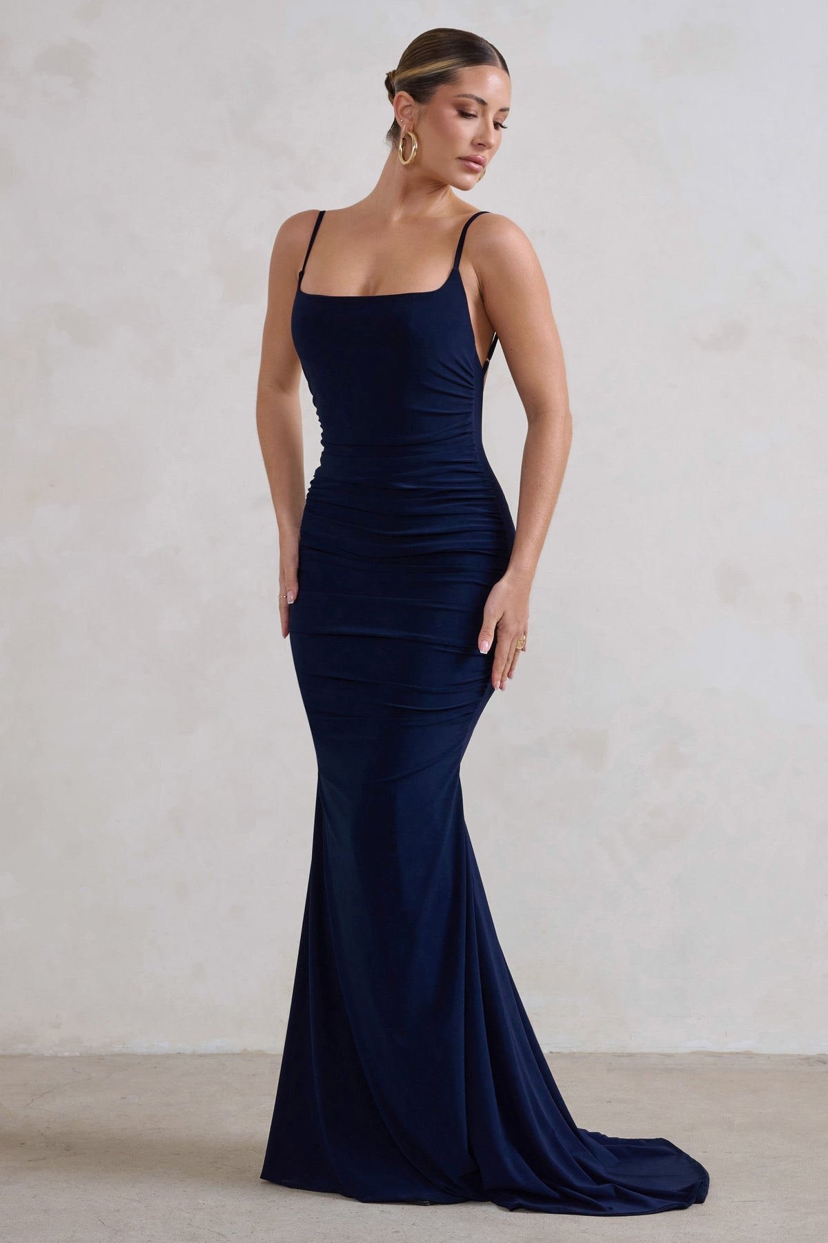 Adele | Navy Backless Ruched Fishtail Cami Maxi Dress