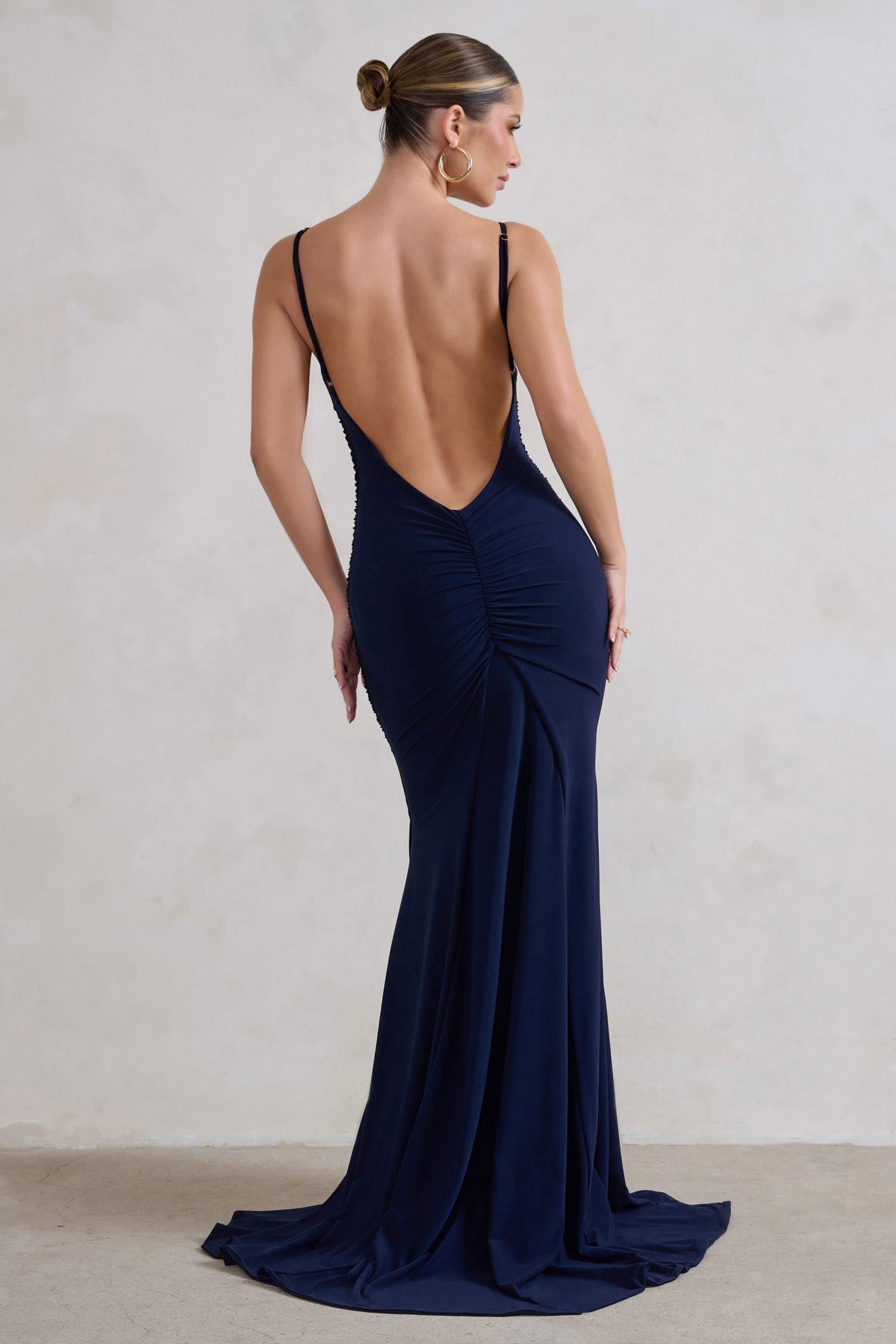 Adele | Navy Backless Ruched Fishtail Cami Maxi Dress