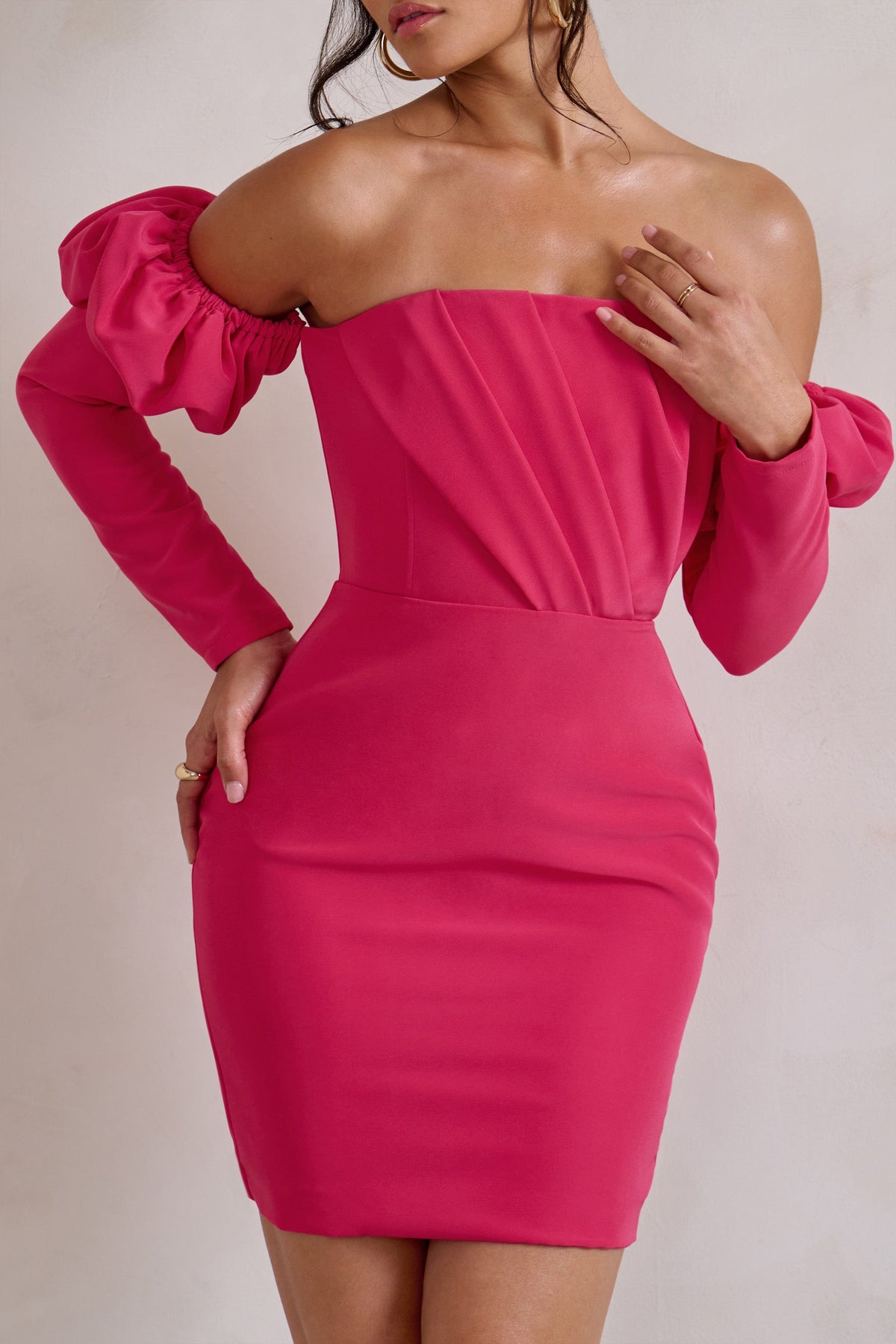 Laurie | Hot Pink Bardot Puff Long Sleeve Mini Dress