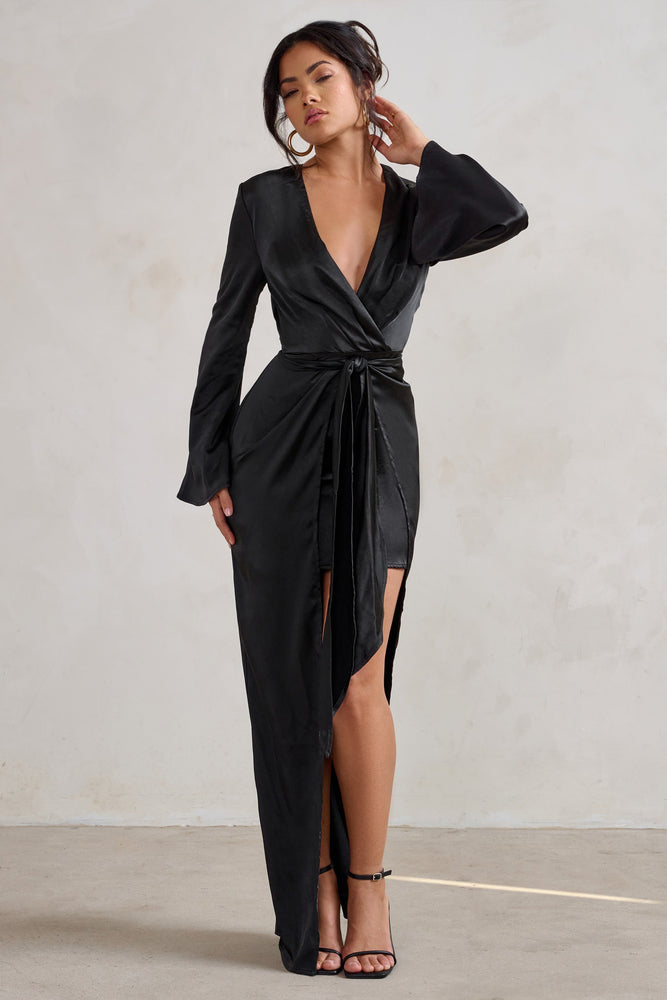 long sleeve plunge dress Patricia Black Extreme Plunge Long Sleeve Maxi Dress With Tie Detail – Club  L London