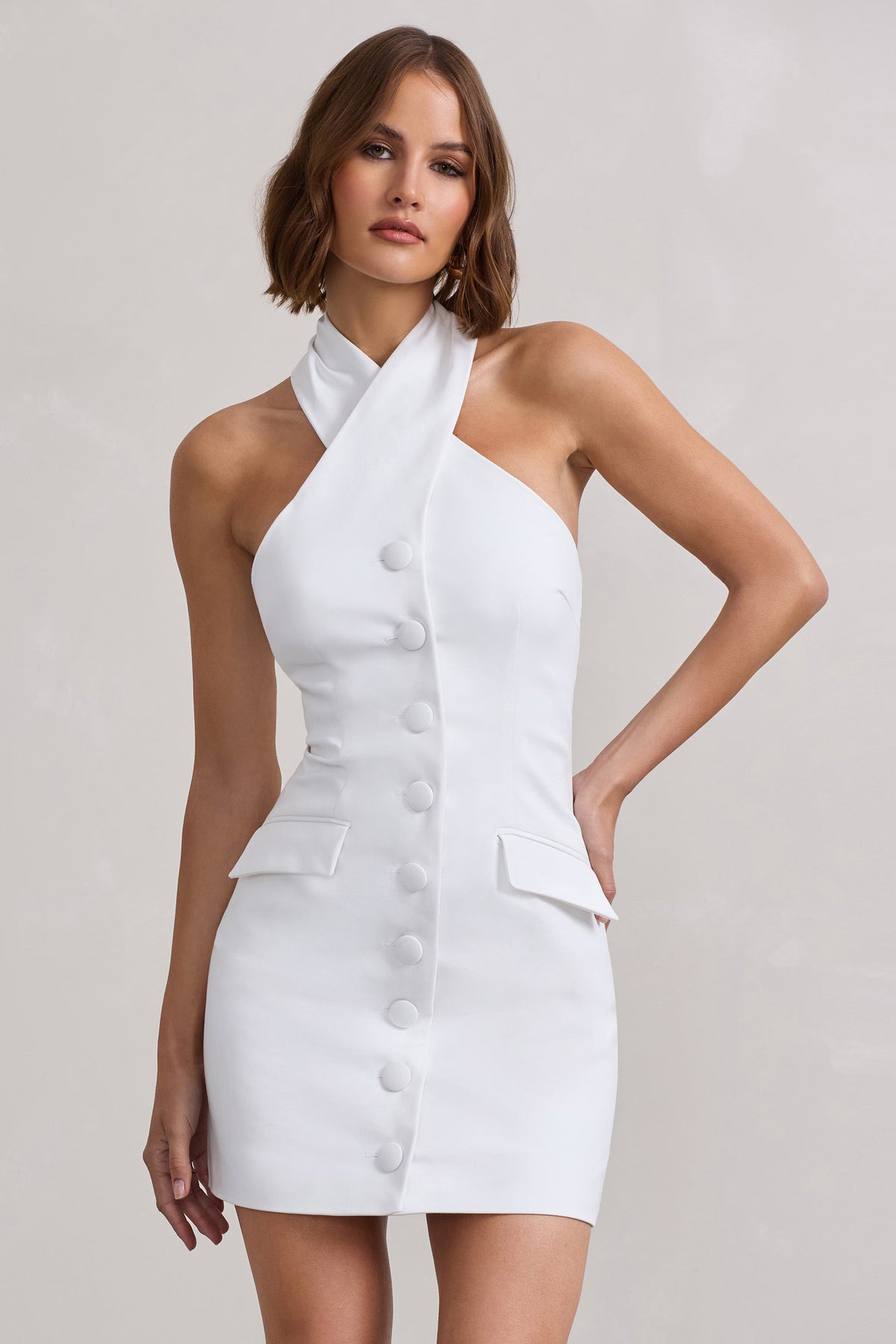 Dani | White Halter Neck Tailored Buttoned Bodycon Mini Dress