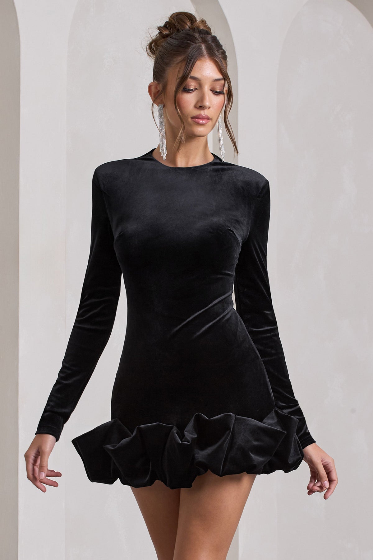 Claudine | Black Velvet Long-Sleeved Ruffled Mini Dress