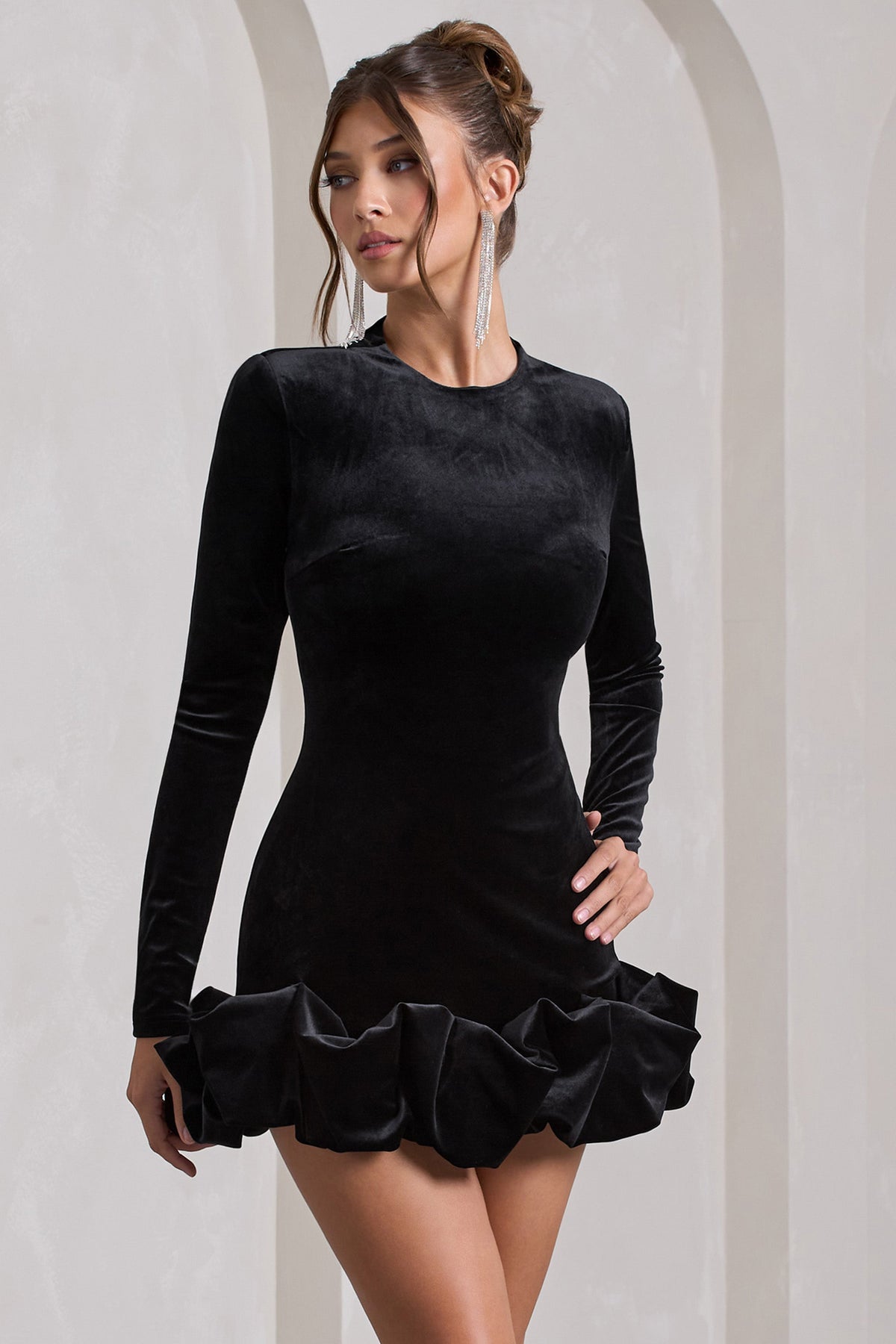 Claudine | Black Velvet Long-Sleeved Ruffled Mini Dress