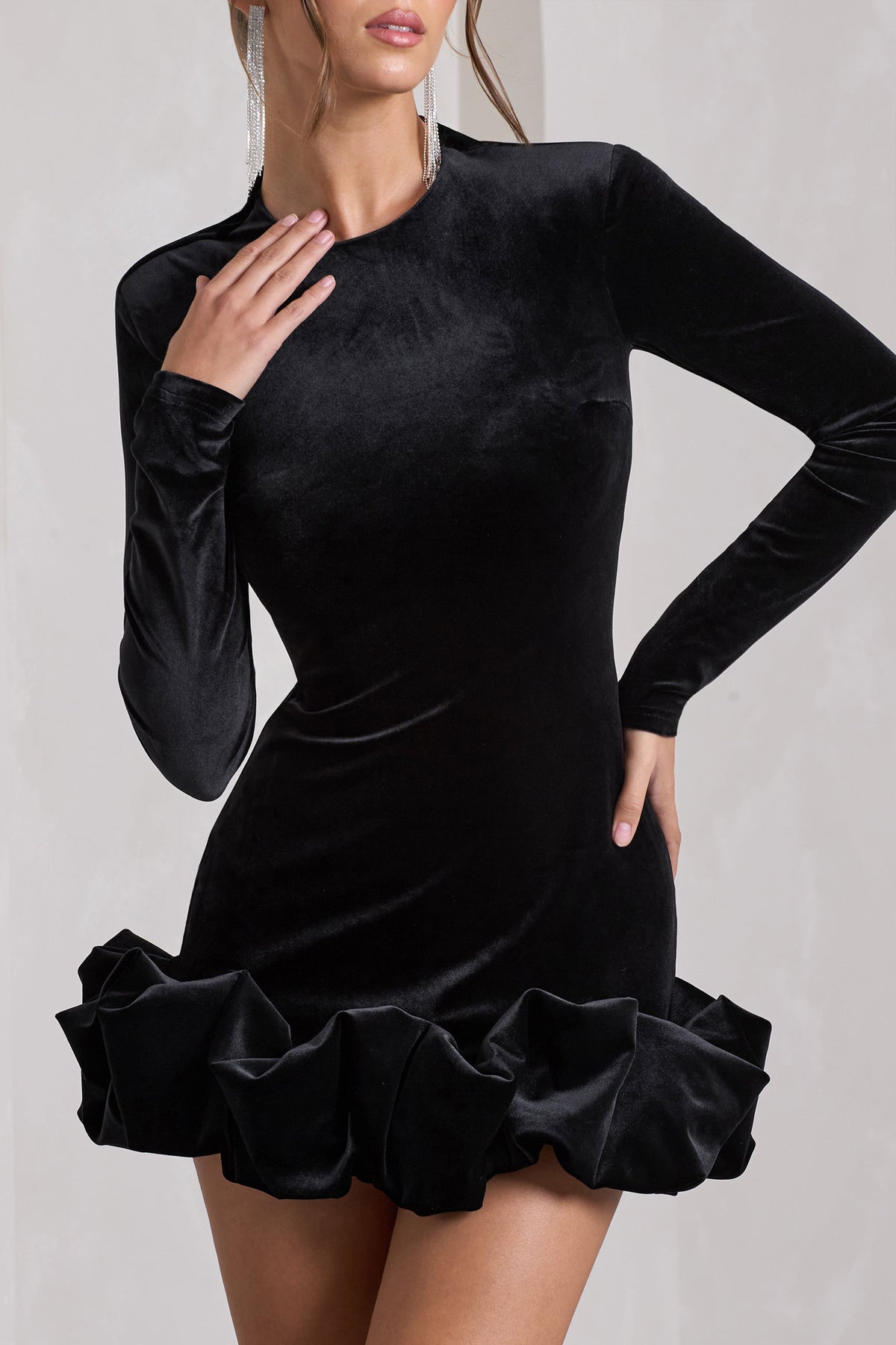 Claudine | Black Velvet Long-Sleeved Ruffled Mini Dress