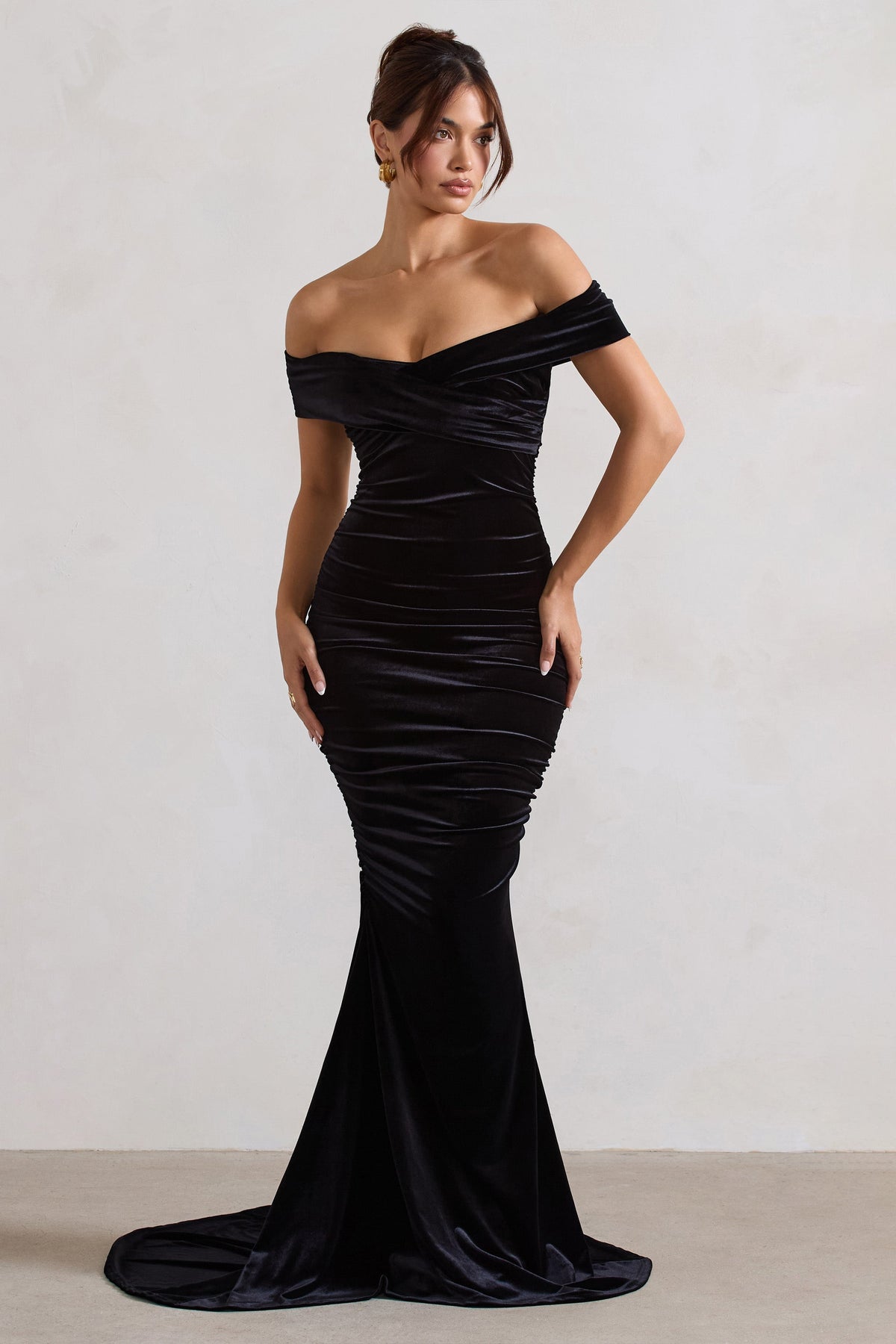 Apolline | Black Velvet Off The Shoulder Ruched Fishtail Maxi Dress