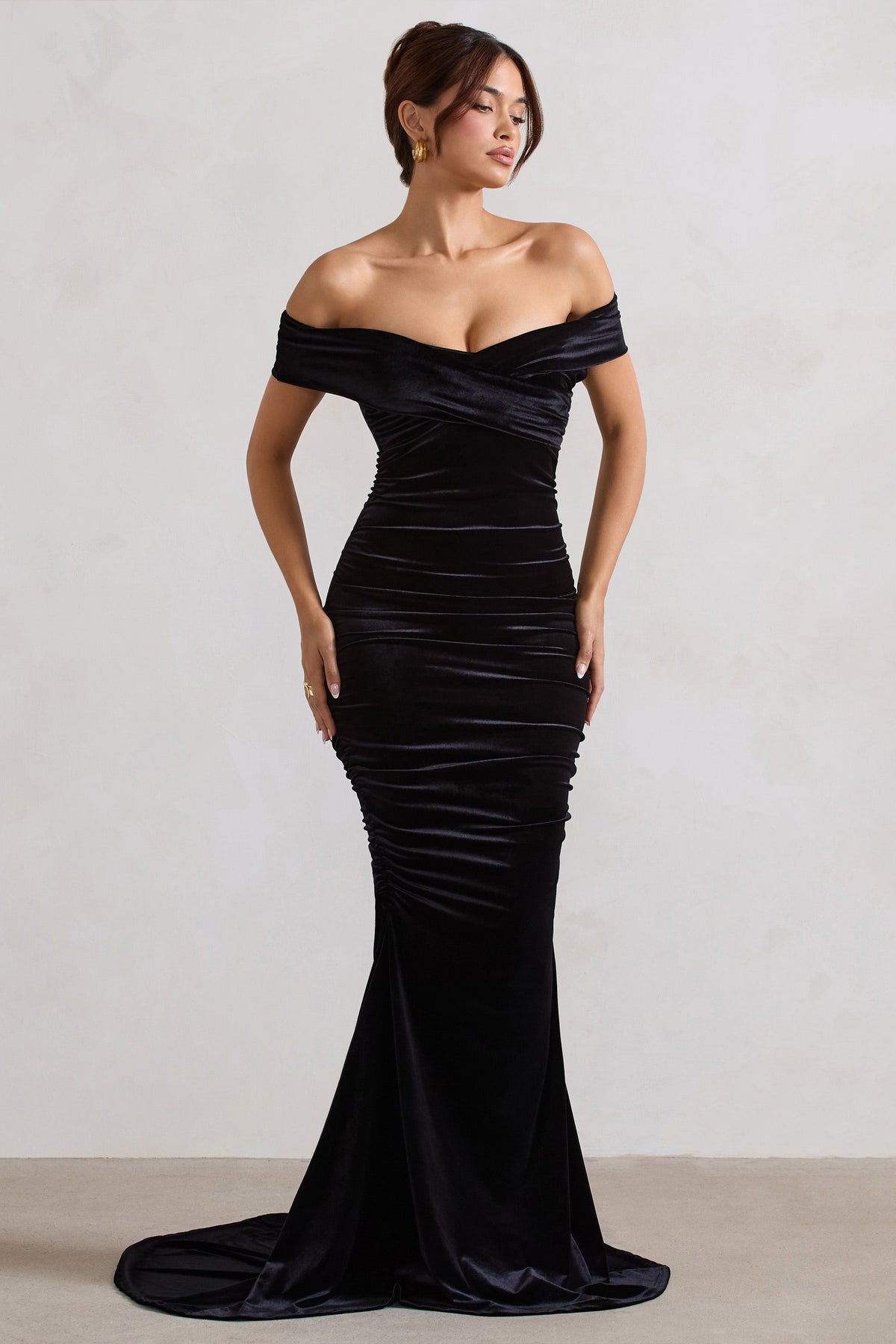 Apolline | Black Velvet Off The Shoulder Ruched Fishtail Maxi Dress