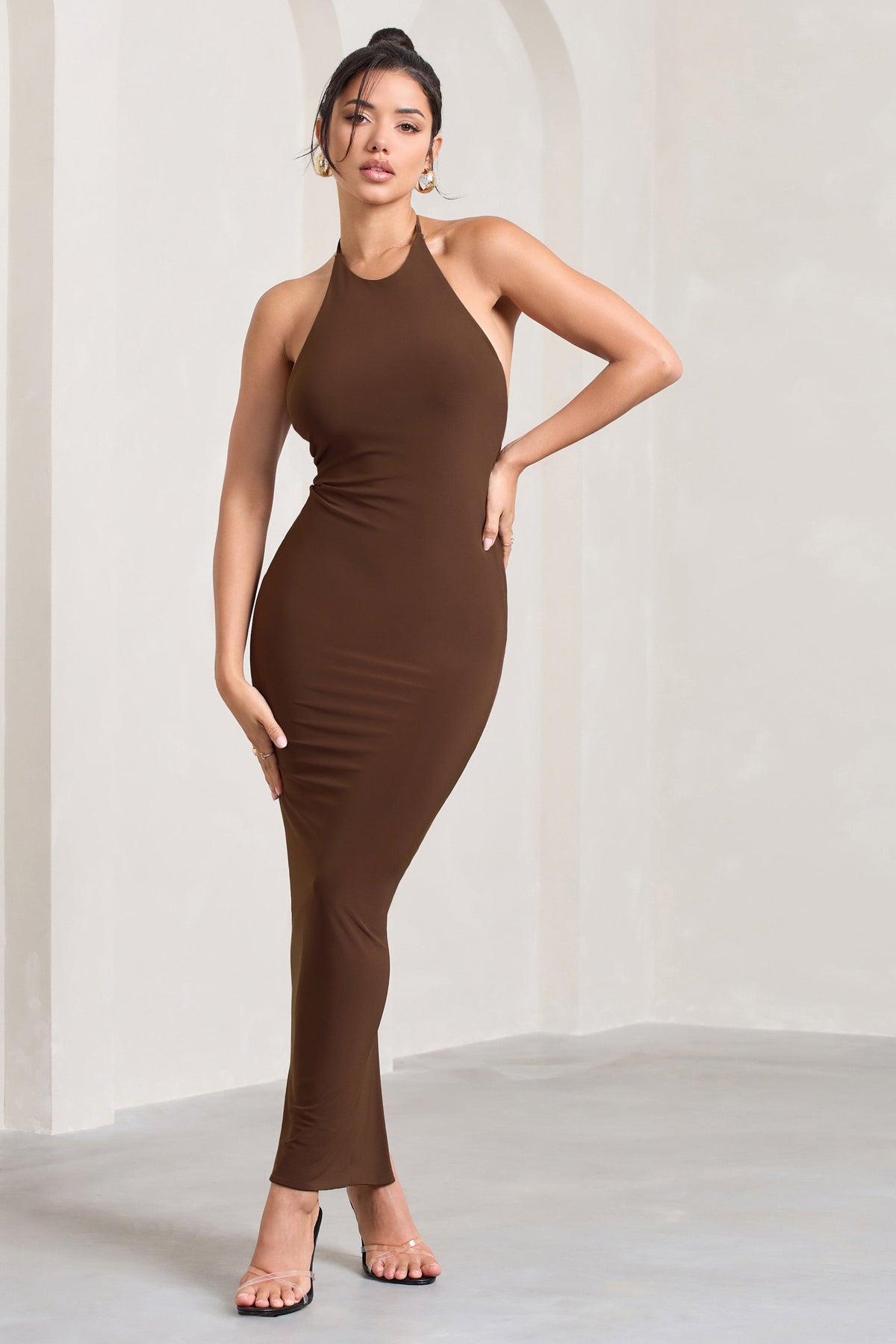 Kirsten | Chocolate Sleeveless Halter-Neck Open-Back Knot Maxi Dress