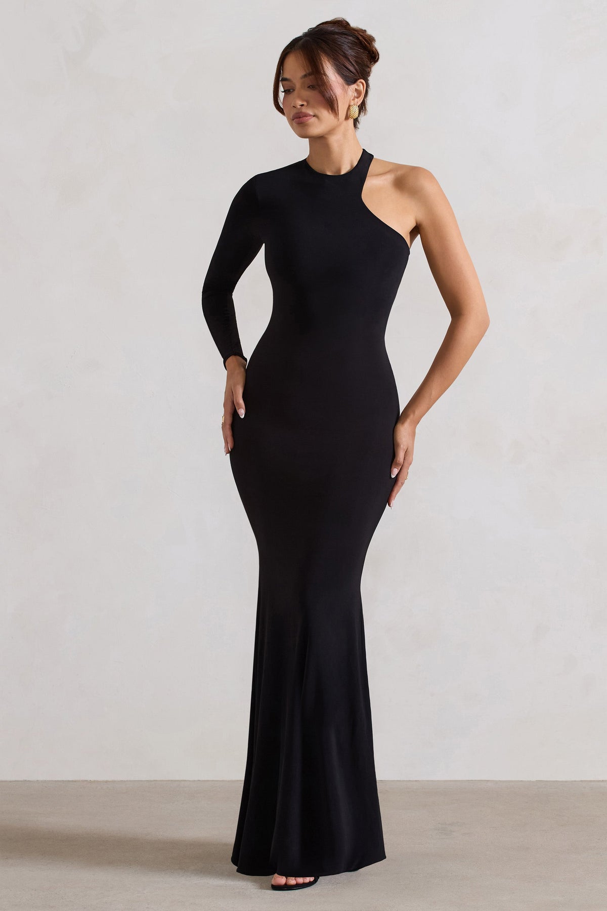 Tyra | Black Asymmetric Neck Cut Out Maxi Dress With Open Back Detail