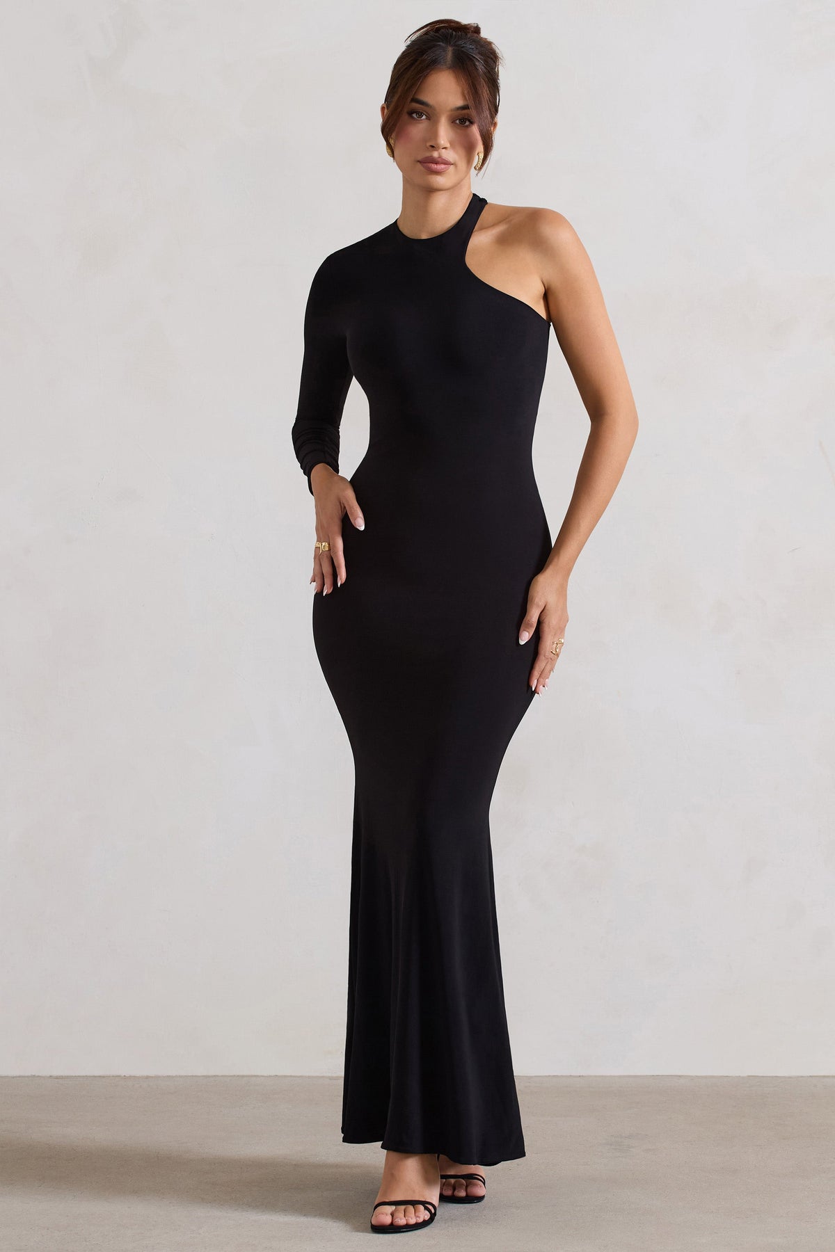 Tyra | Black Asymmetric Neck Cut Out Maxi Dress With Open Back Detail