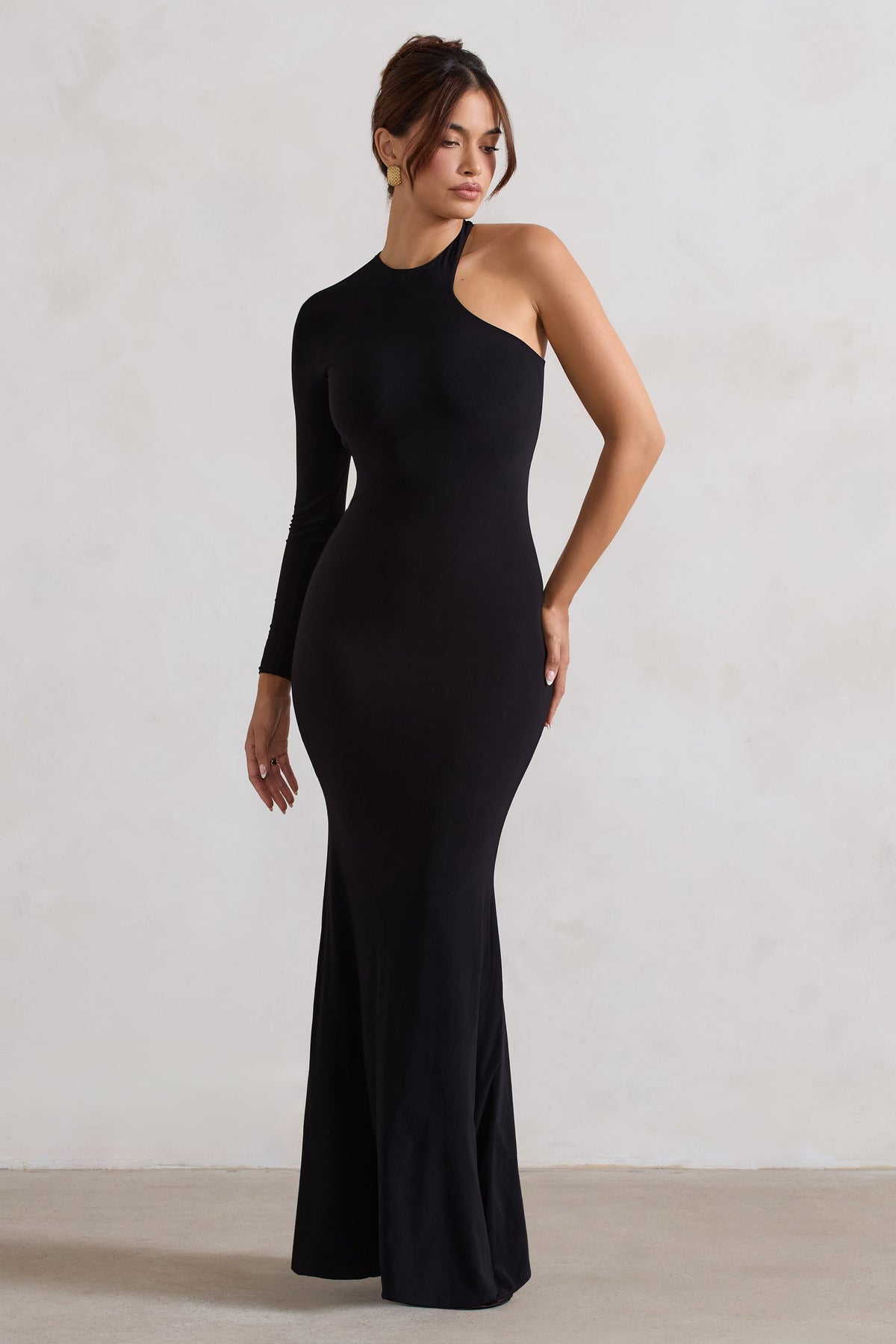 Tyra | Black Asymmetric Neck Cut Out Maxi Dress With Open Back Detail