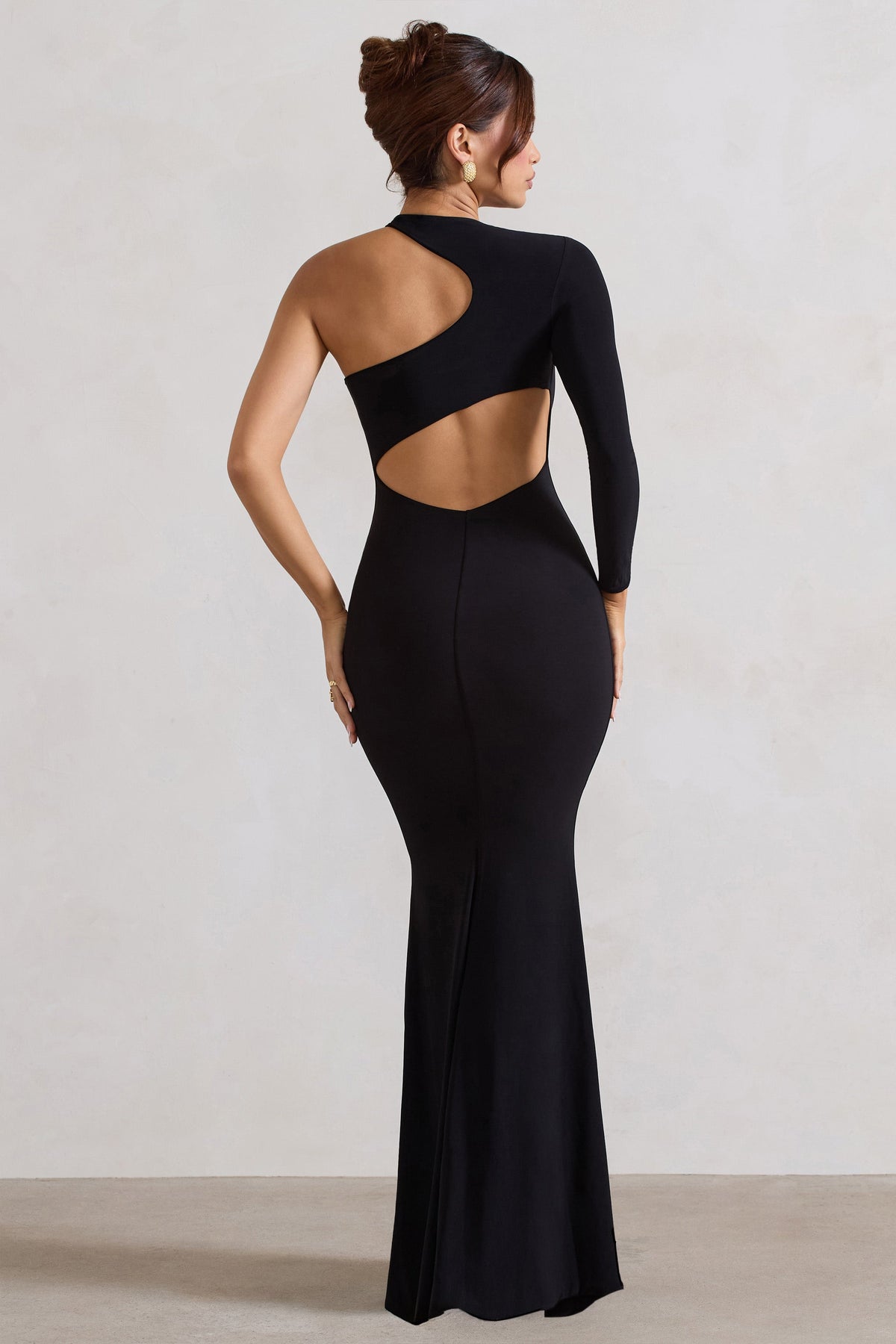 Tyra | Black Asymmetric Neck Cut Out Maxi Dress With Open Back Detail