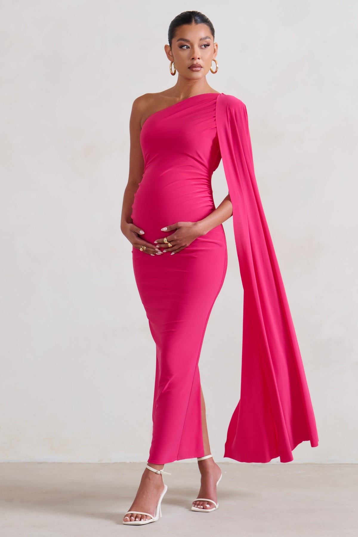 Amaryllis | Hot Pink Maternity One Shoulder Maxi Dress with Cape Sleeve