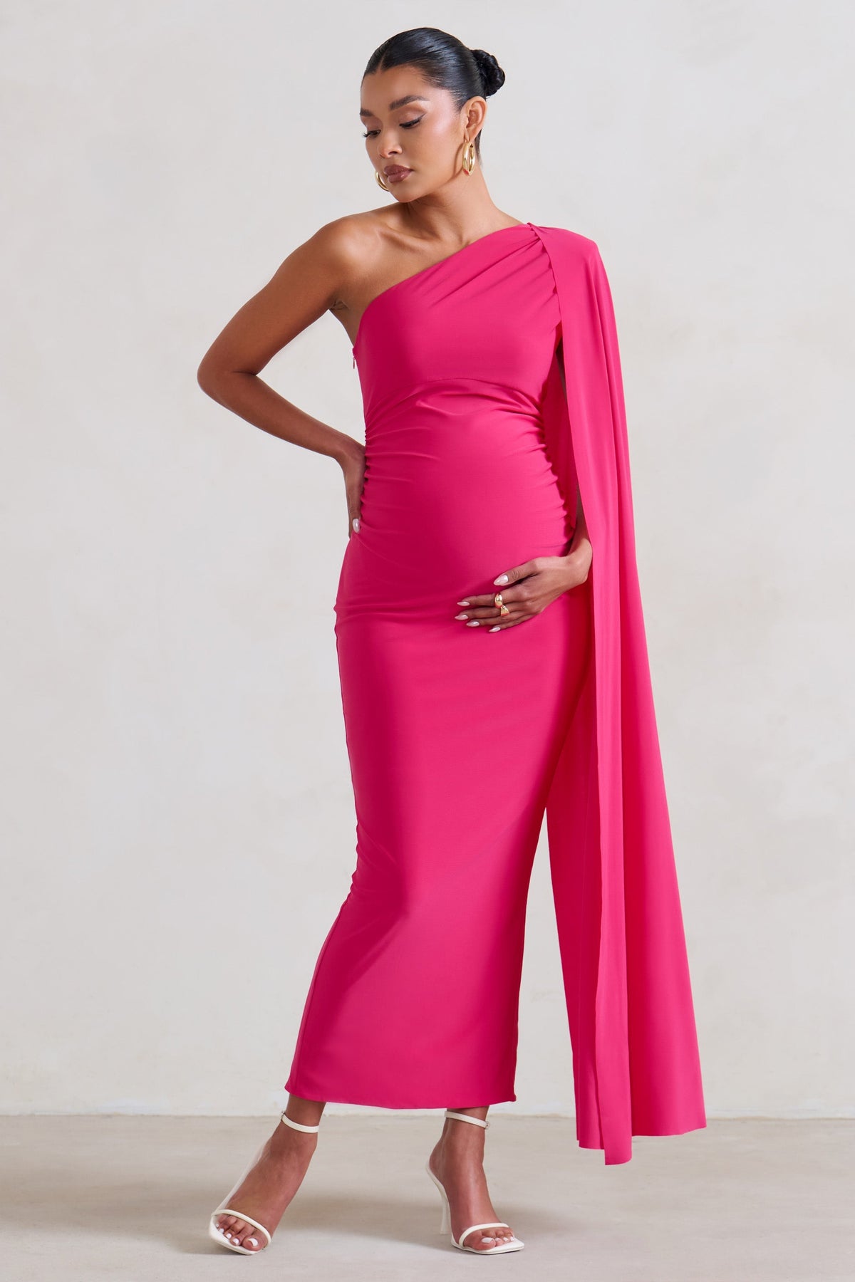 Amaryllis | Hot Pink Maternity One Shoulder Maxi Dress with Cape Sleeve